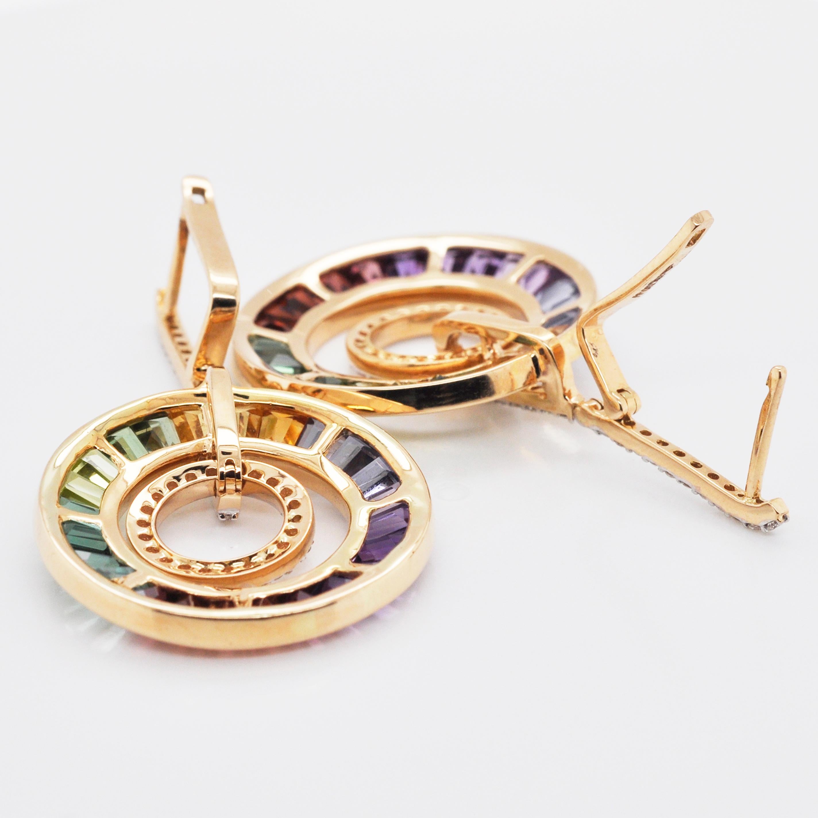 Women's 18 Karat Gold Art-Deco Style Rainbow Gemstones Diamond Circular Dangle Earrings