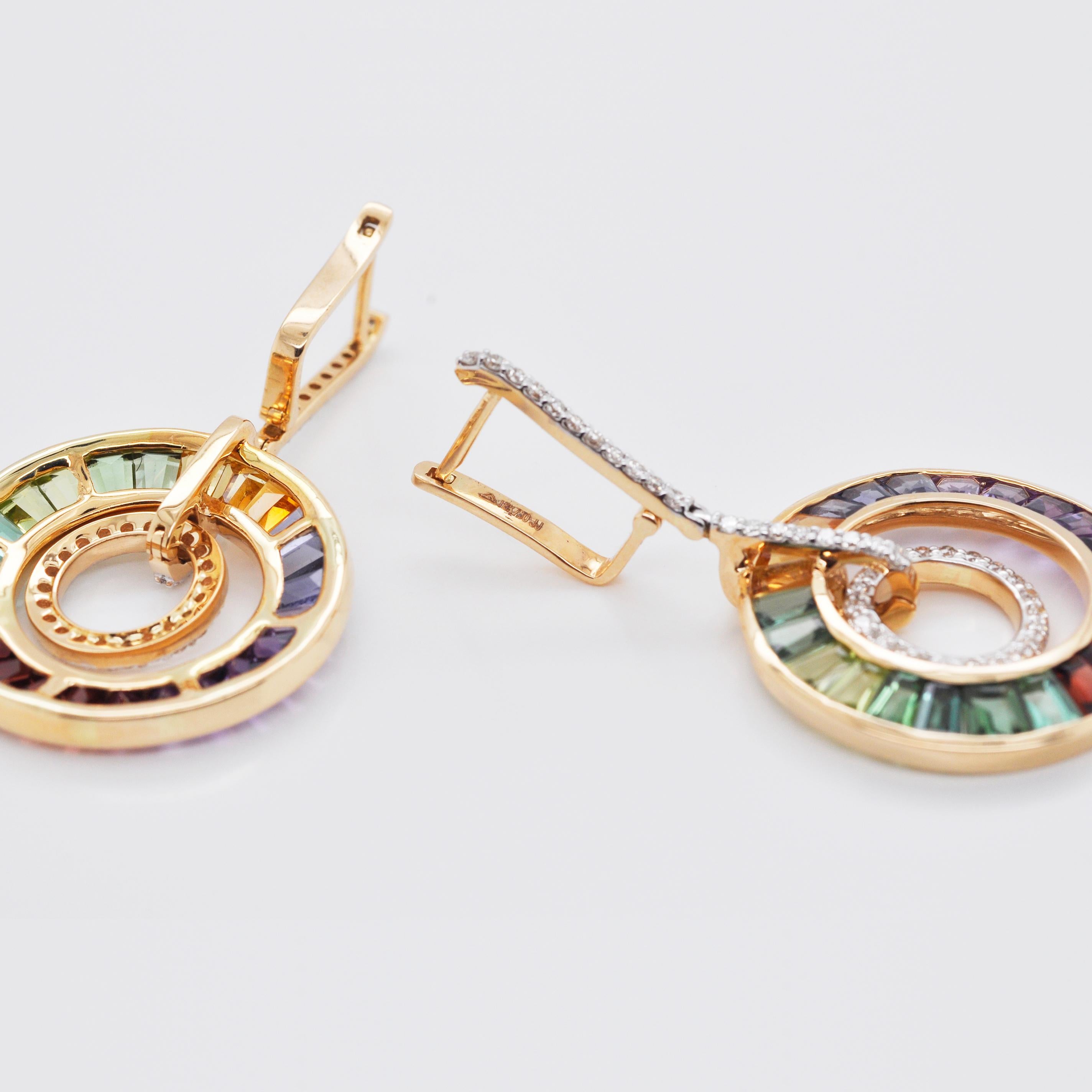 18 Karat Gold Art-Deco Style Rainbow Gemstones Diamond Circular Dangle Earrings 1
