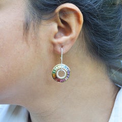 18 Karat Gold Art Deco Style Rainbow Gemstones Diamond Circular Dangle Earrings