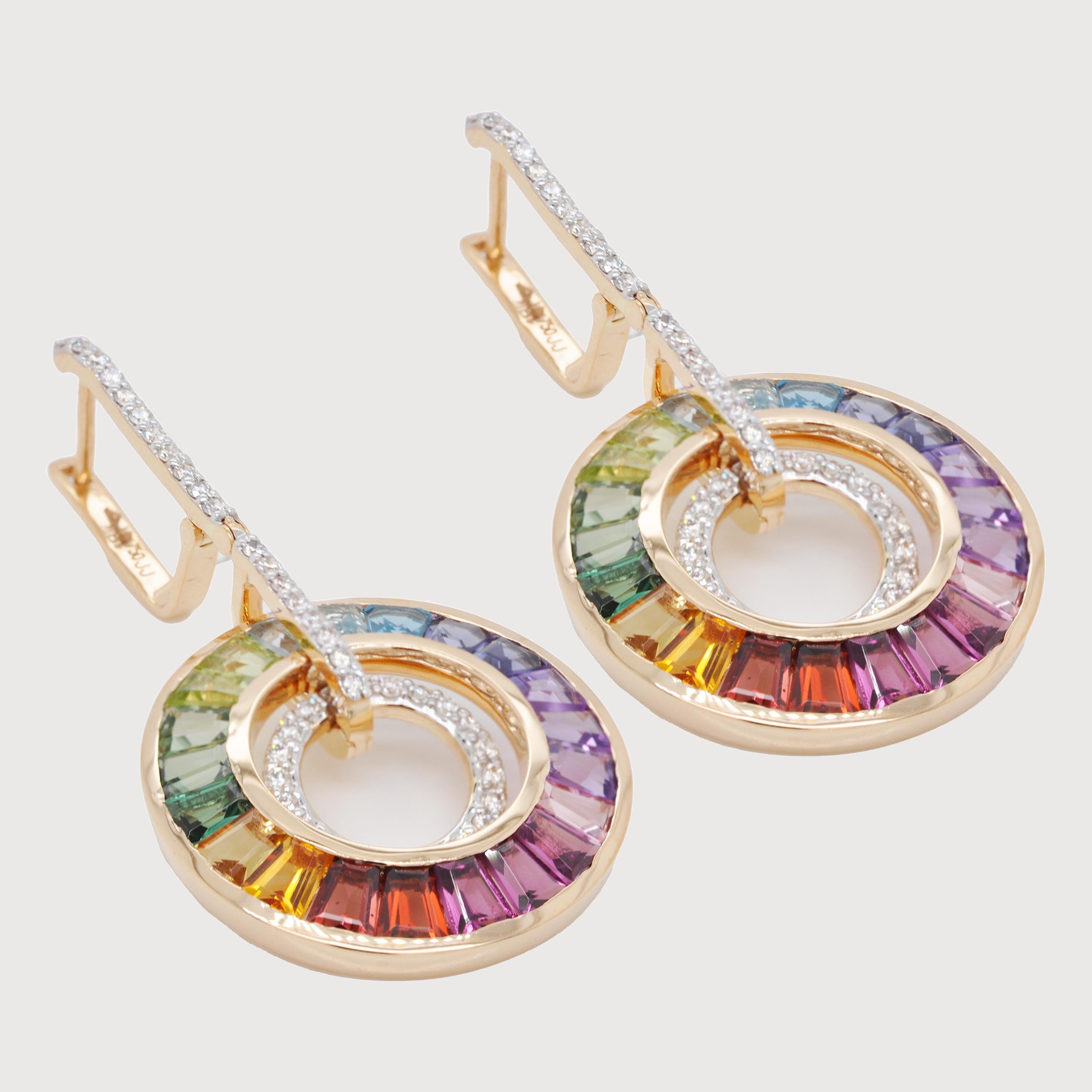 Tapered Baguette 18 Karat Gold Art Deco Style Rainbow Gemstones Diamond Circular Dangle Earrings