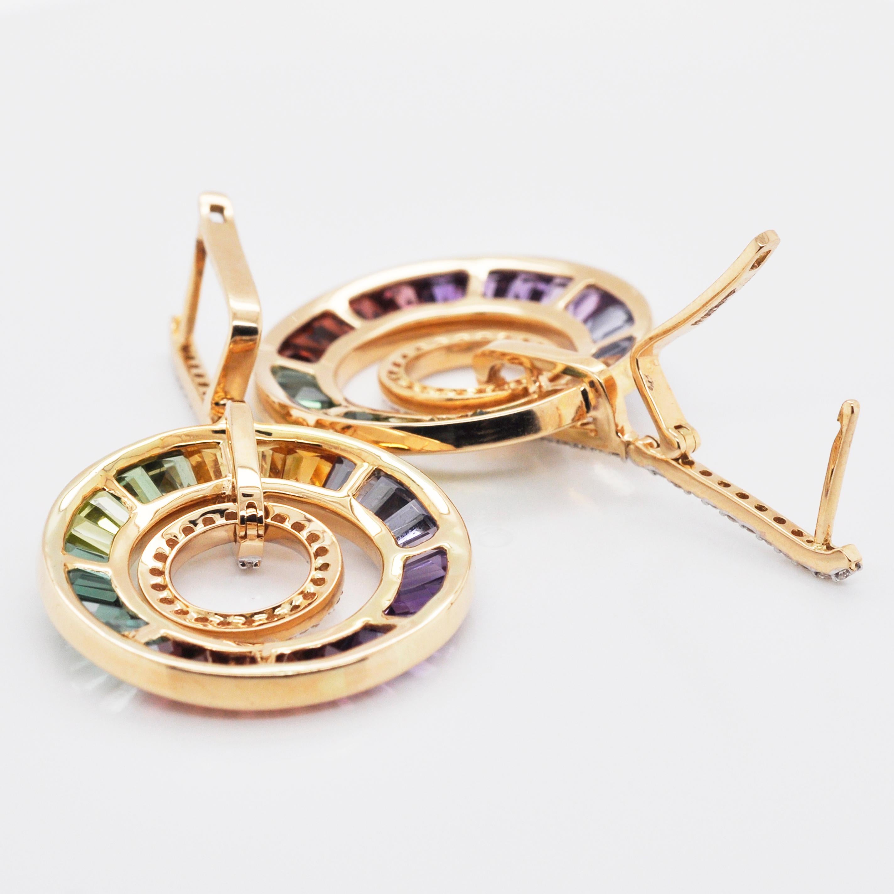 Women's 18 Karat Gold Art Deco Style Rainbow Gemstones Diamond Circular Dangle Earrings