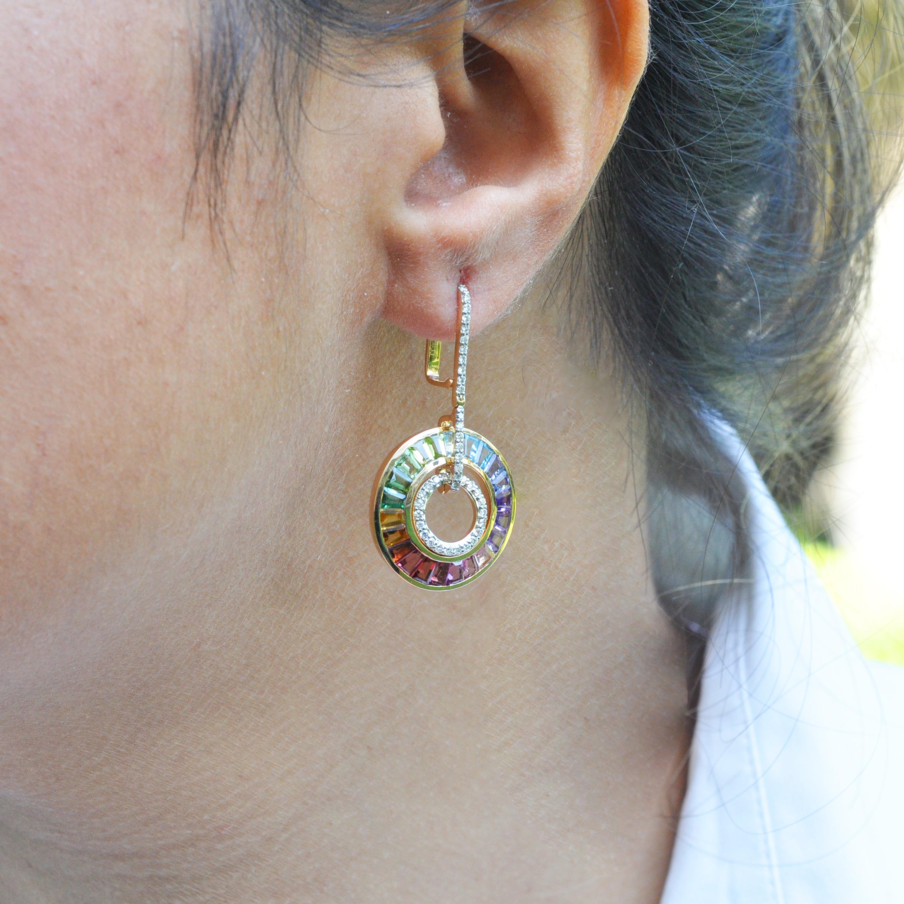 18 Karat Gold Art Deco Style Rainbow Gemstones Diamond Circular Dangle Earrings 3