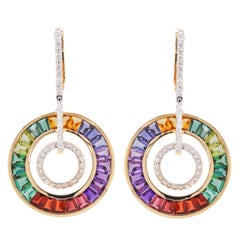 18 Karat Gold Art-Deco Style Rainbow Gemstones Diamond Circular Dangle Earrings
