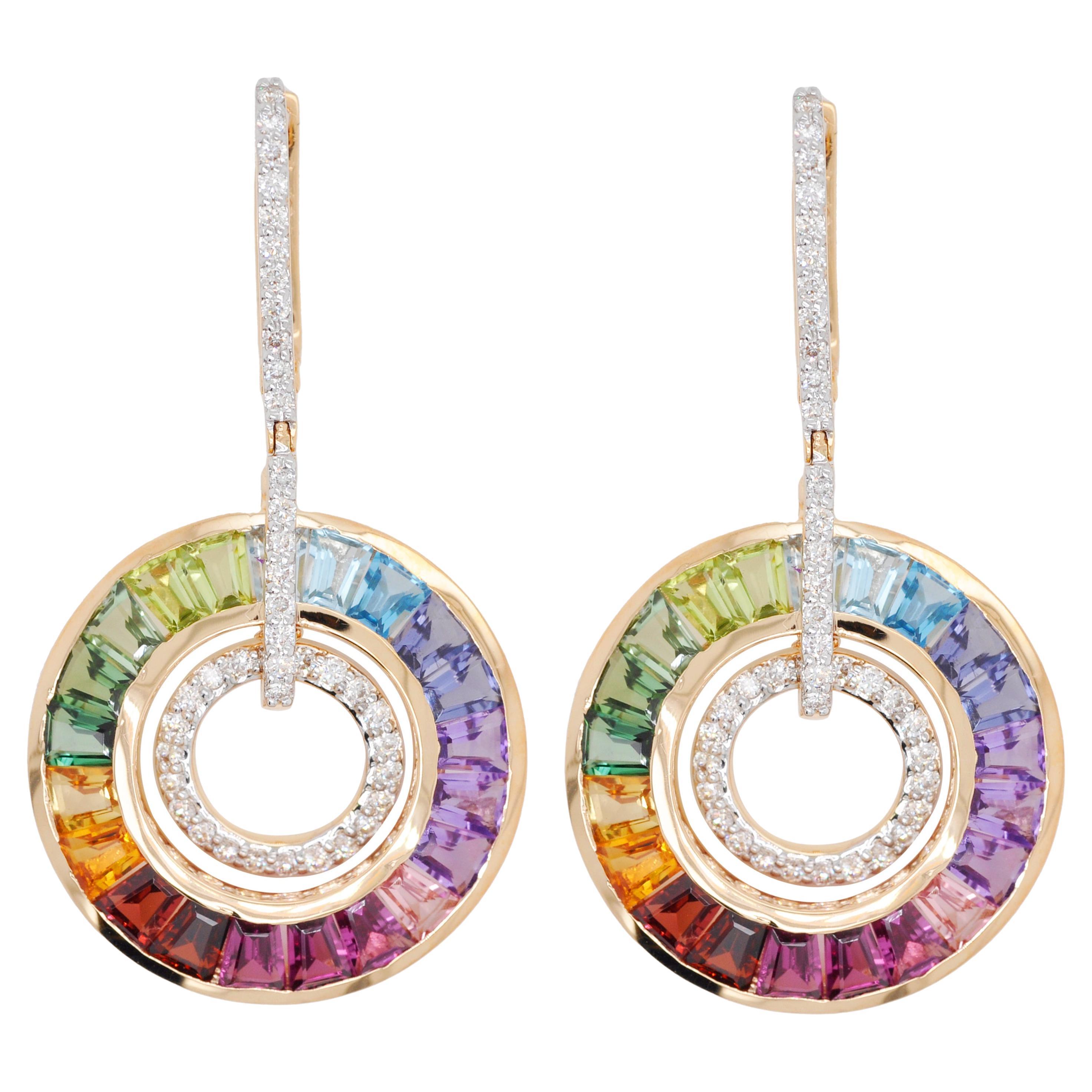 18 Karat Gold Art Deco Style Rainbow Gemstones Diamond Circular Dangle Earrings