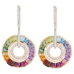 18 Karat Gold Art Deco Style Rainbow Gemstones Diamond Circular Dangle Earrings