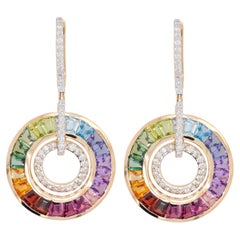 18 Karat Gold Art Deco Style Rainbow Gemstones Diamond Circular Dangle Earrings