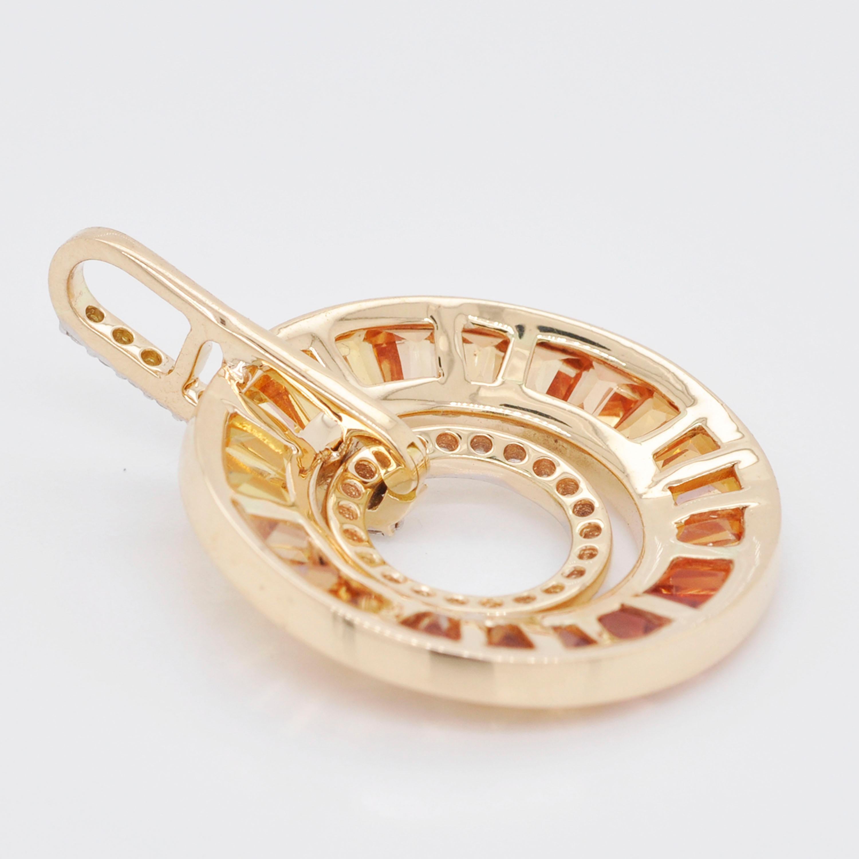 18 karat gold art-deco style yellow sapphire tapered baguettes diamond circular pendant.

This extraordinary art deco style delicate pendant featuring ombré shades of yellow sapphire is encapsulating. Meticulous hand-picked selections of 22 lustrous