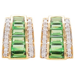 18K Gold Channel Demantoid Tsavorite Baguette Diamond Art Deco Style Ear-Clips