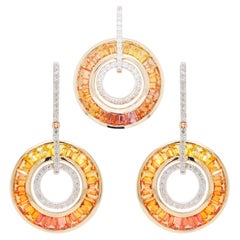 18 Karat Gold Art-Deco Yellow Sapphire Baguettes Circular Pendant Earrings Set