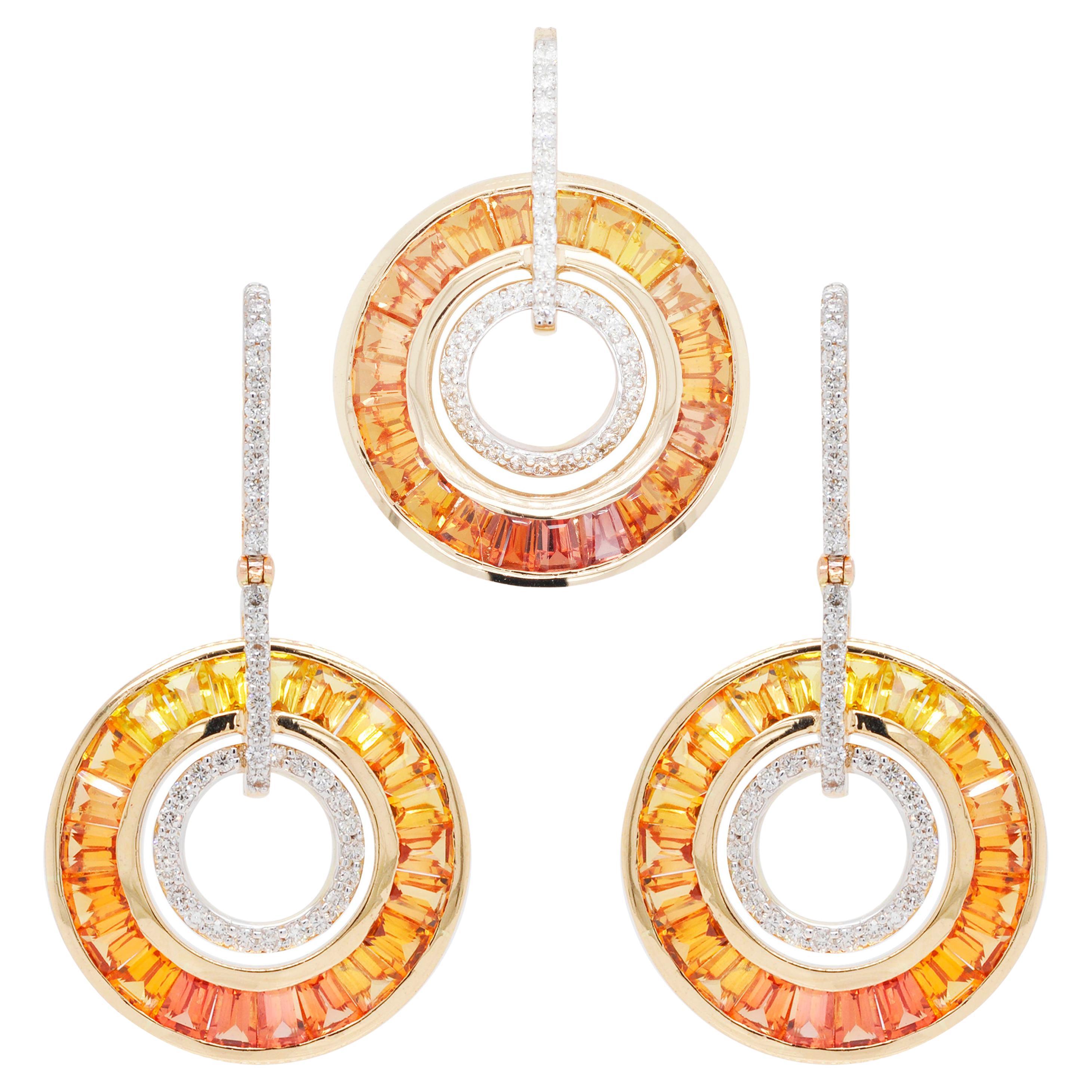 Ensemble de boucles d'oreilles à pendentifs circulaires Art déco en or 18 carats avec saphirs jaunes baguettes