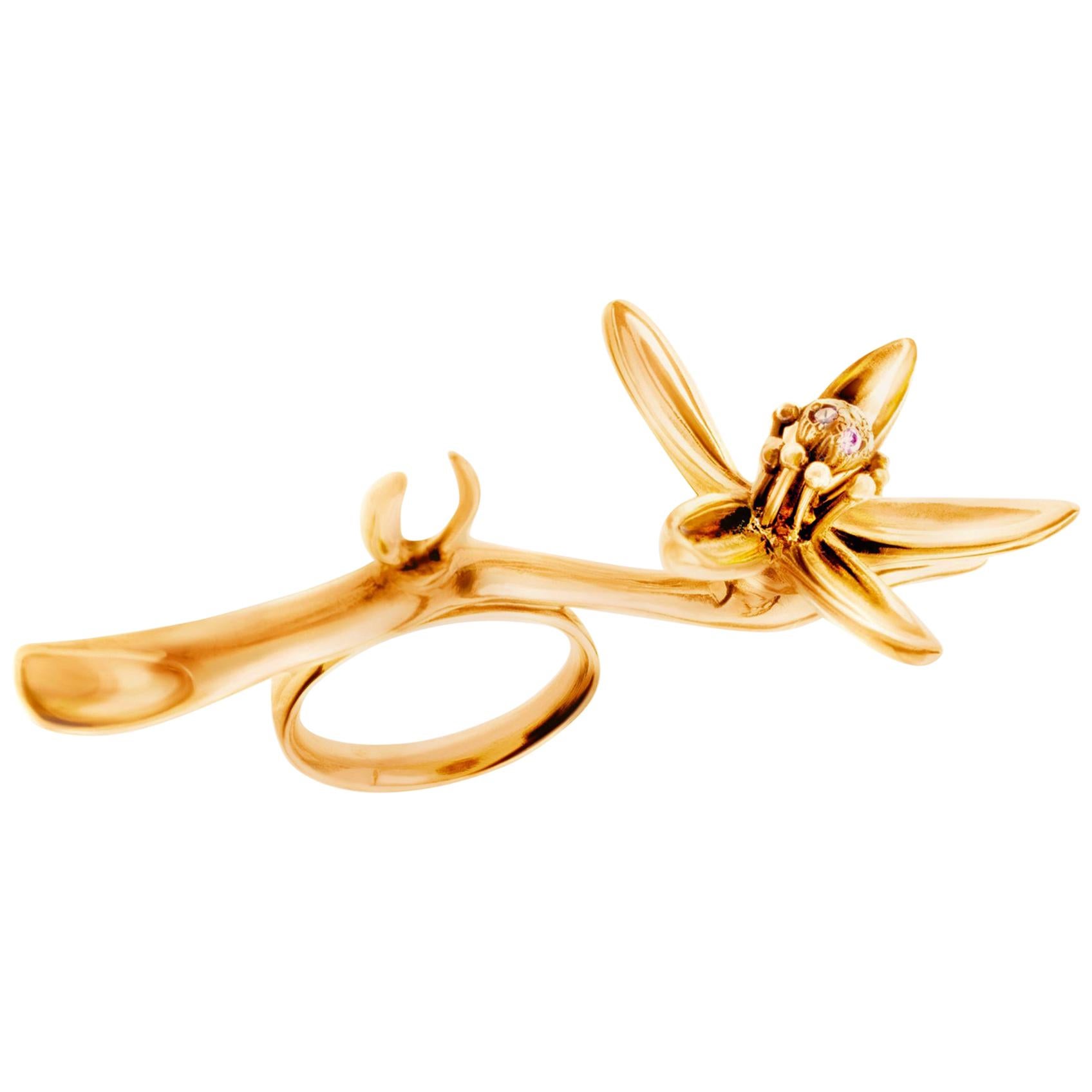 Eighteen Karat Rose Gold Art Nouveau Style Orange Flower Cocktail Ring For Sale