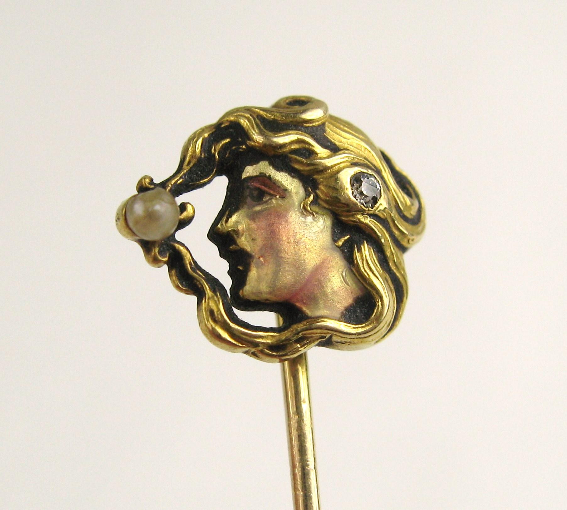 18 karat Gold Art Nouveau Diamond Pearl Enamel Woman's Profile Stick Pin Brooch In Good Condition In Wallkill, NY