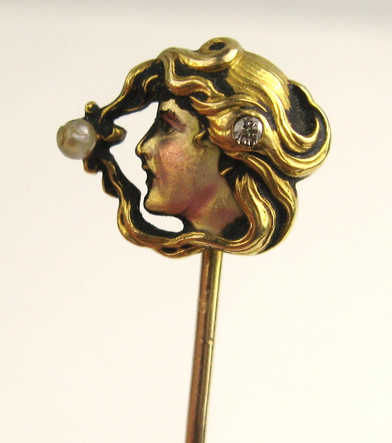 Women's or Men's 18 karat Gold Art Nouveau Diamond Pearl Enamel Woman's Profile Stick Pin Brooch