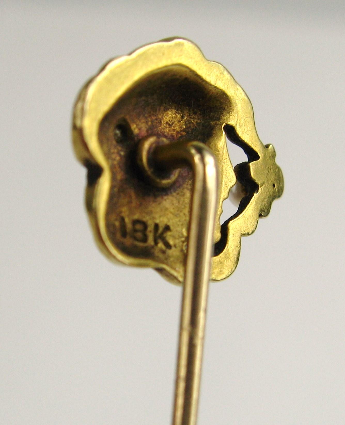 18 karat Gold Art Nouveau Diamond Pearl Enamel Woman's Profile Stick Pin Brooch 1