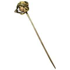18 karat Gold Art Nouveau Diamond Pearl Enamel Woman's Profile Stick Pin Brooch