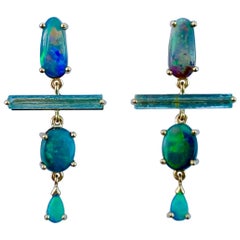 18 Karat Gold Australian Opal Australian Raw Crystal Aquamarine Drop Earrings