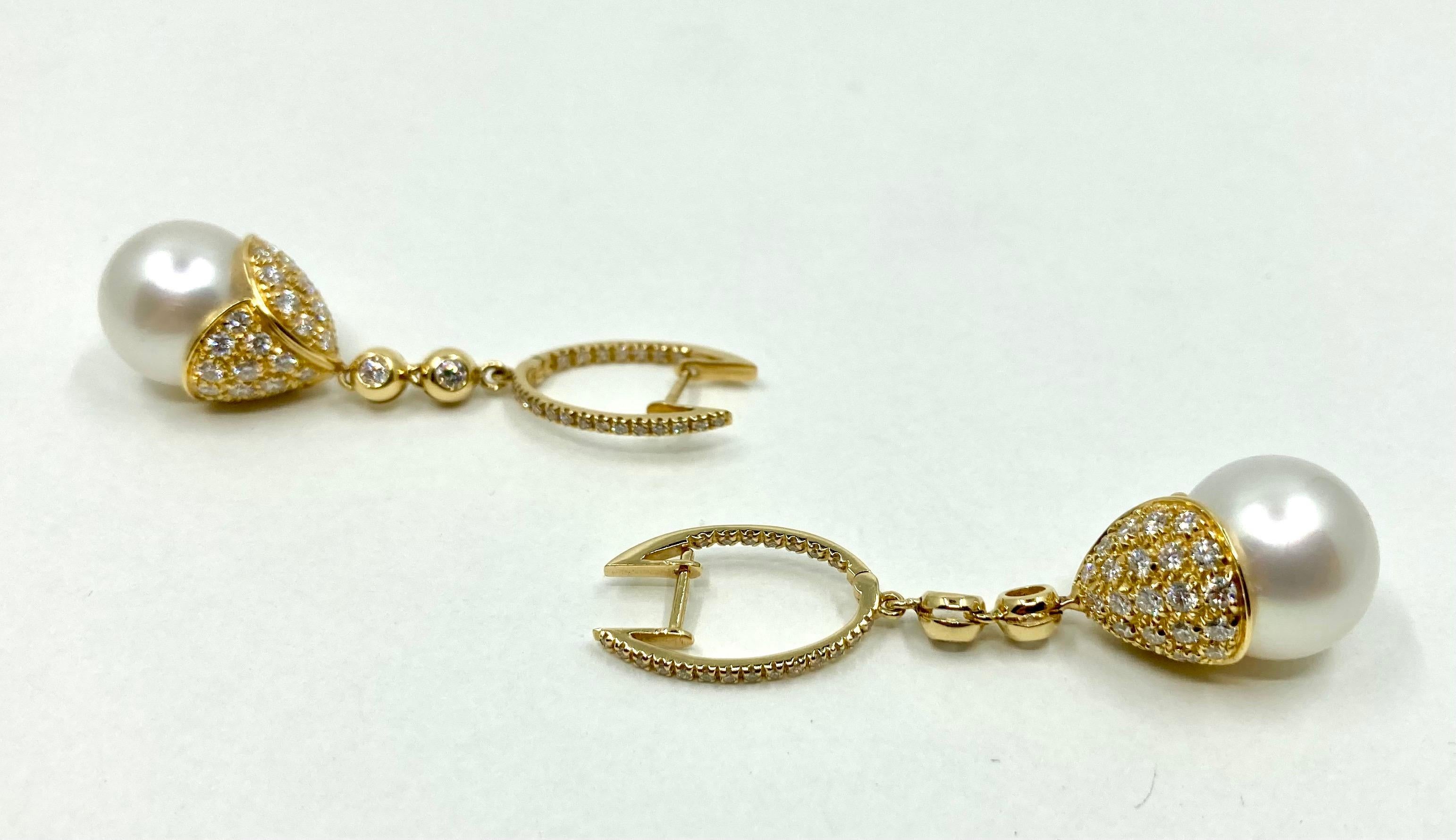 Modern 18 Karat Gold Australian Pearls and Diamonds Earrings For Sale