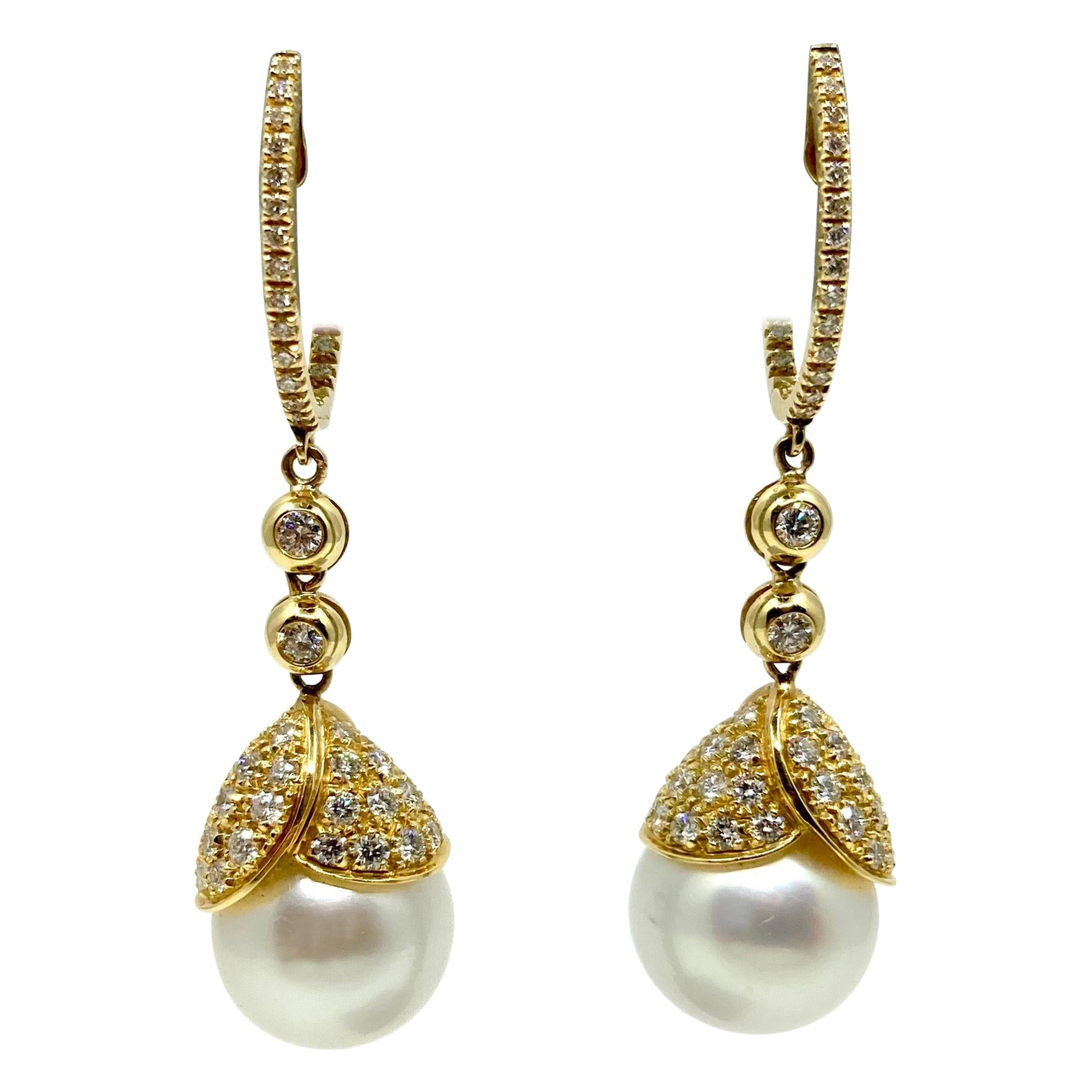 18 Karat Gold Australian Pearls and Diamonds Earrings For Sale