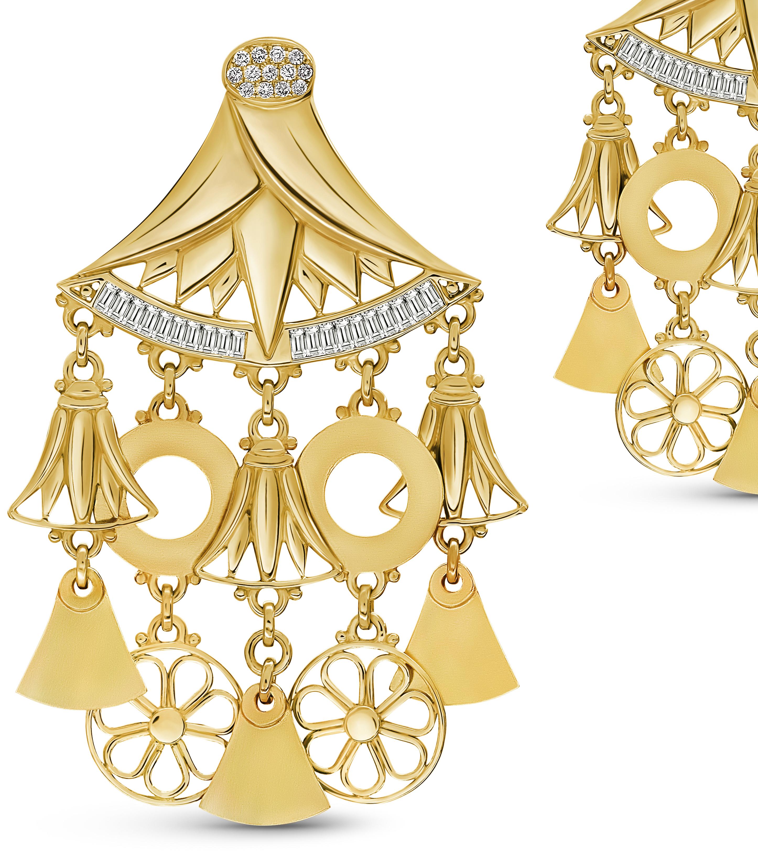 Egyptian Revival 18 Karat Gold Baguette-Cut and Pavé-Set Diamond Lotus Chandelier Earrings For Sale