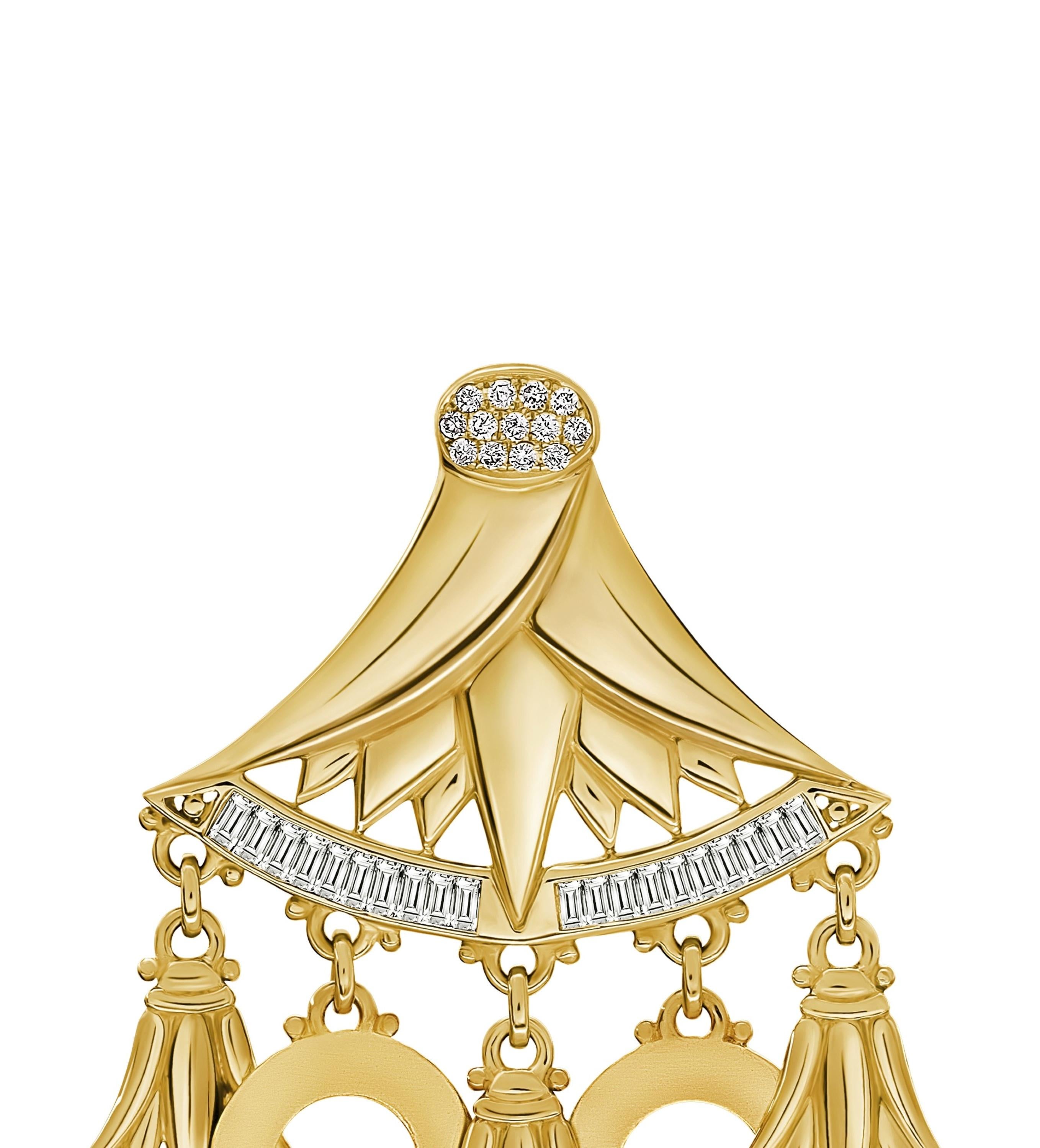 18 Karat Gold Baguette-Cut and Pavé-Set Diamond Lotus Chandelier Earrings In New Condition For Sale In London, GB