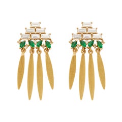 Ileana Makri, 18 Karat Gold Baguette Diamond and Emerald Grass Earrings
