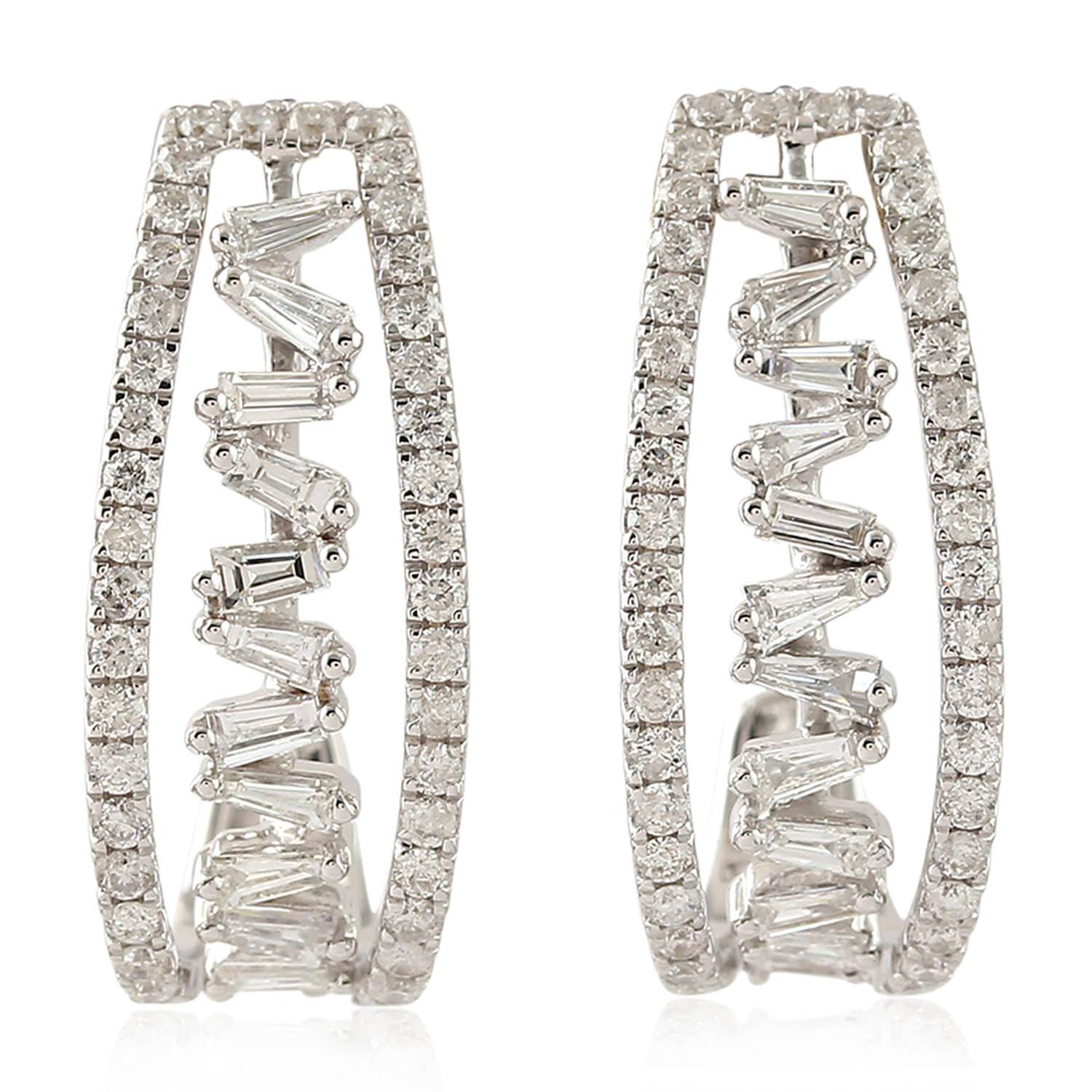 Modern Diamond Hoop 18 Karat Gold Baguette Earrings For Sale