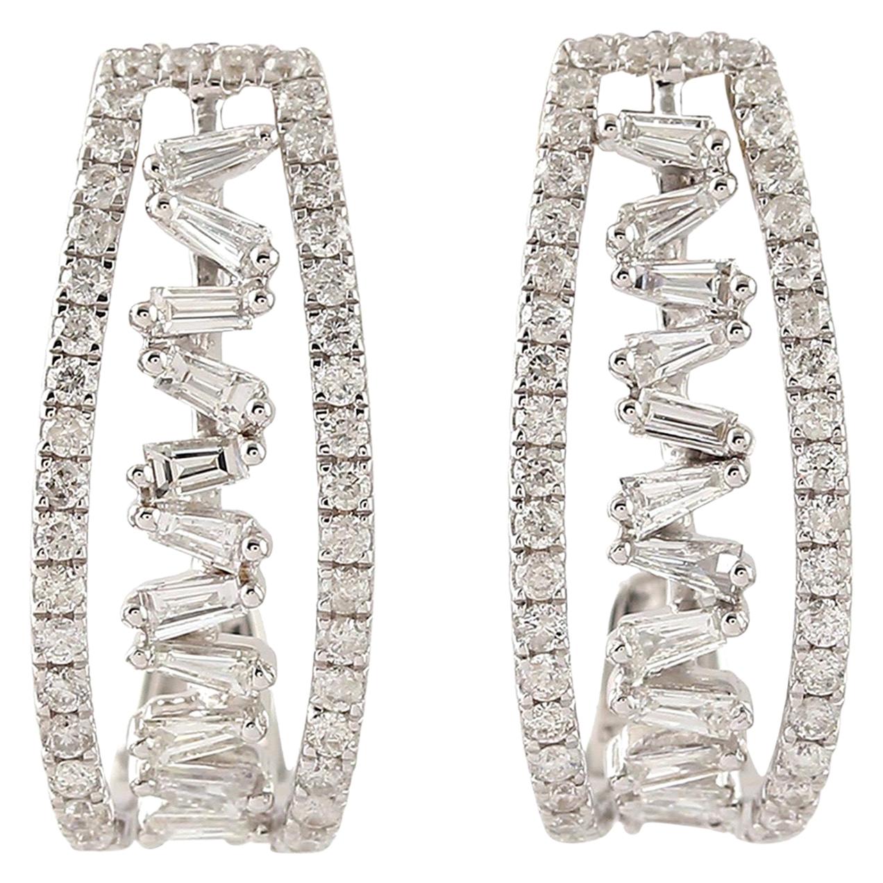 Diamond Hoop 18 Karat Gold Baguette Earrings For Sale