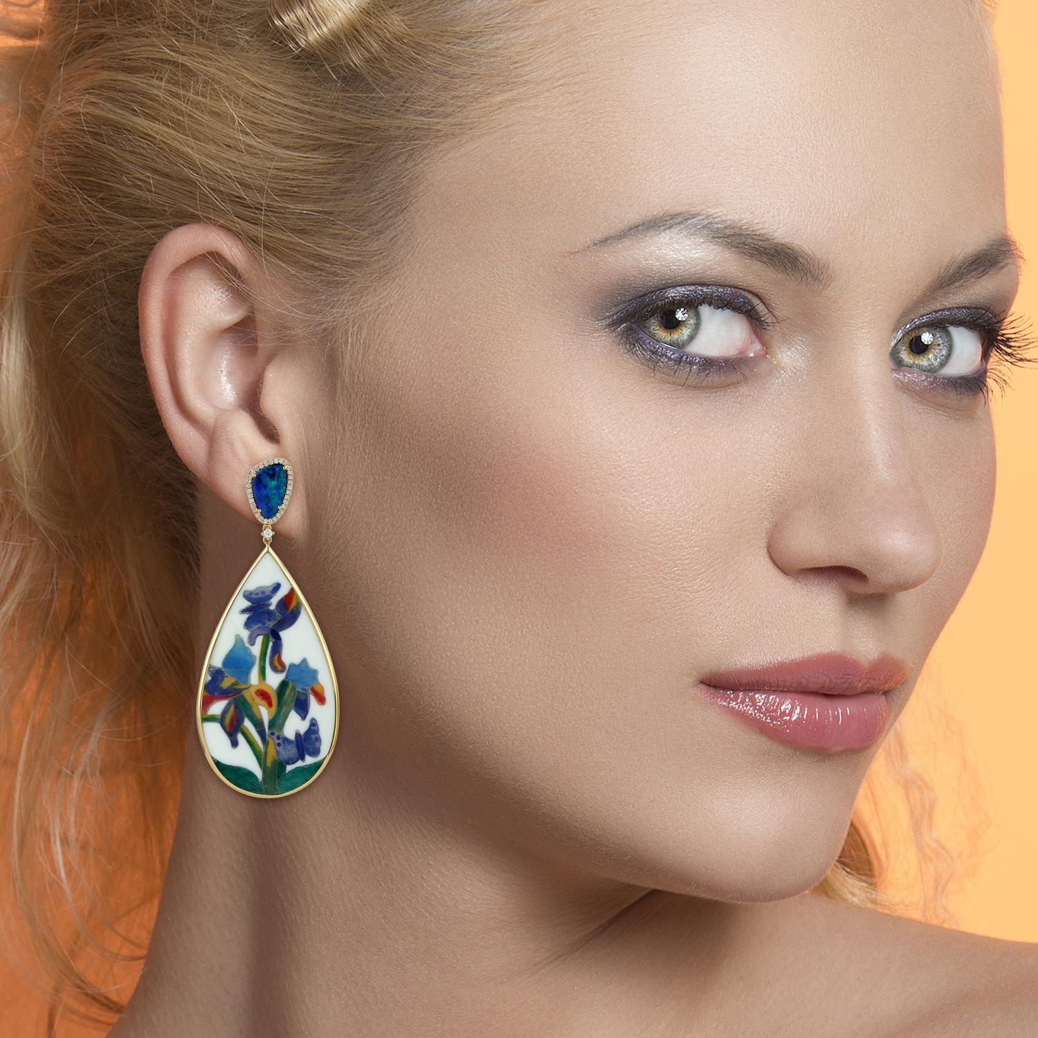 These beautiful flower earrings handmade in 18K Gold. It features unique hand painted miniature art set in 46.45 carats bakelite, 3.73 carats opal and .41 carats diamonds.

FOLLOW  MEGHNA JEWELS storefront to view the latest collection & exclusive