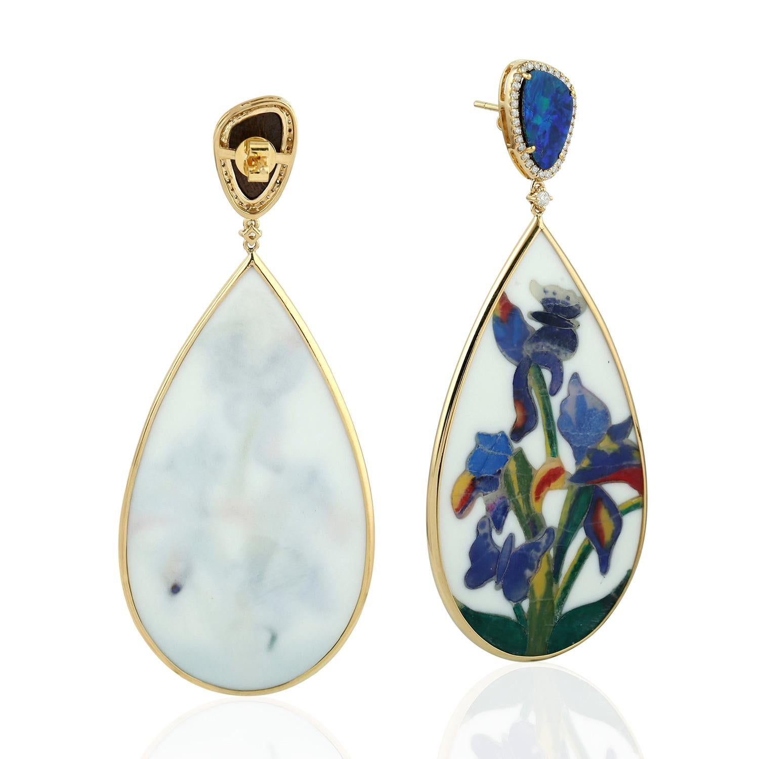 Artisan 18 Karat Gold Bakelite Opal Flower Diamond Earrings For Sale