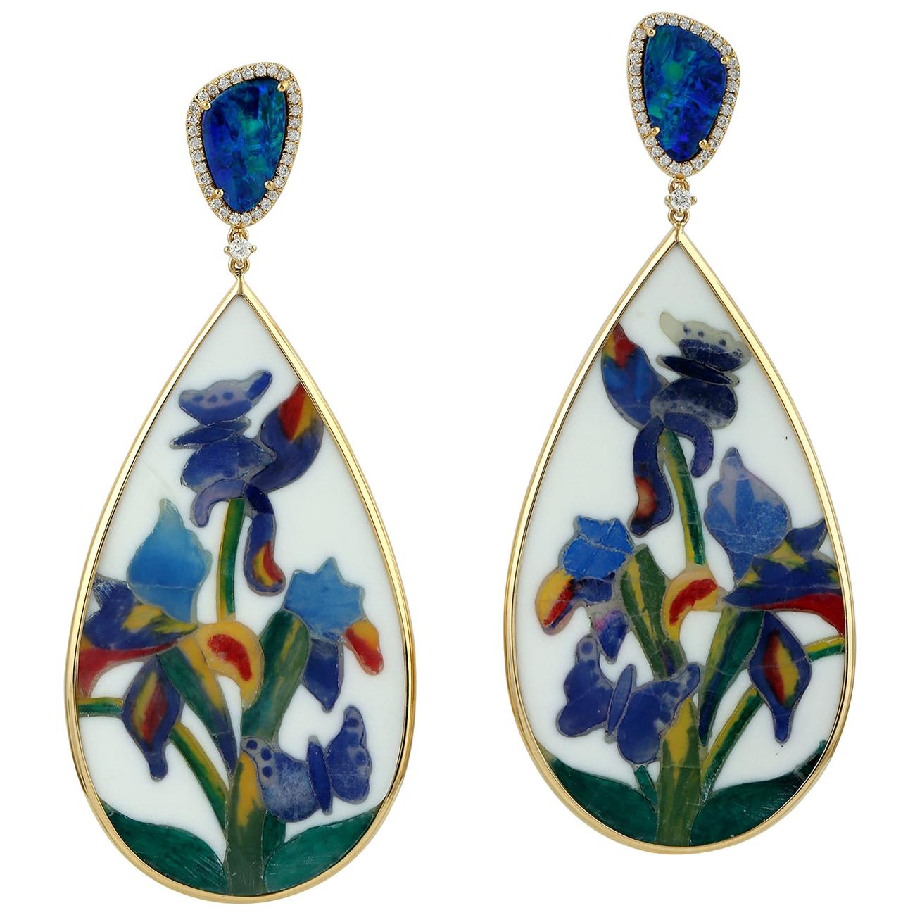 18 Karat Gold Bakelite Opal Flower Diamond Earrings