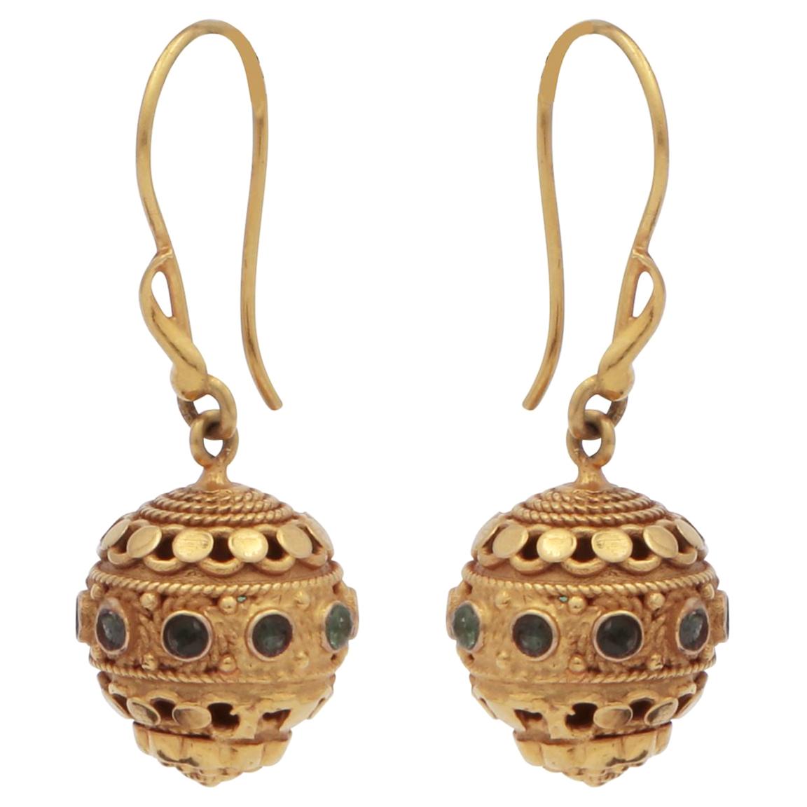 18 Karat Gold Ball Drop Earrings with Emeralds