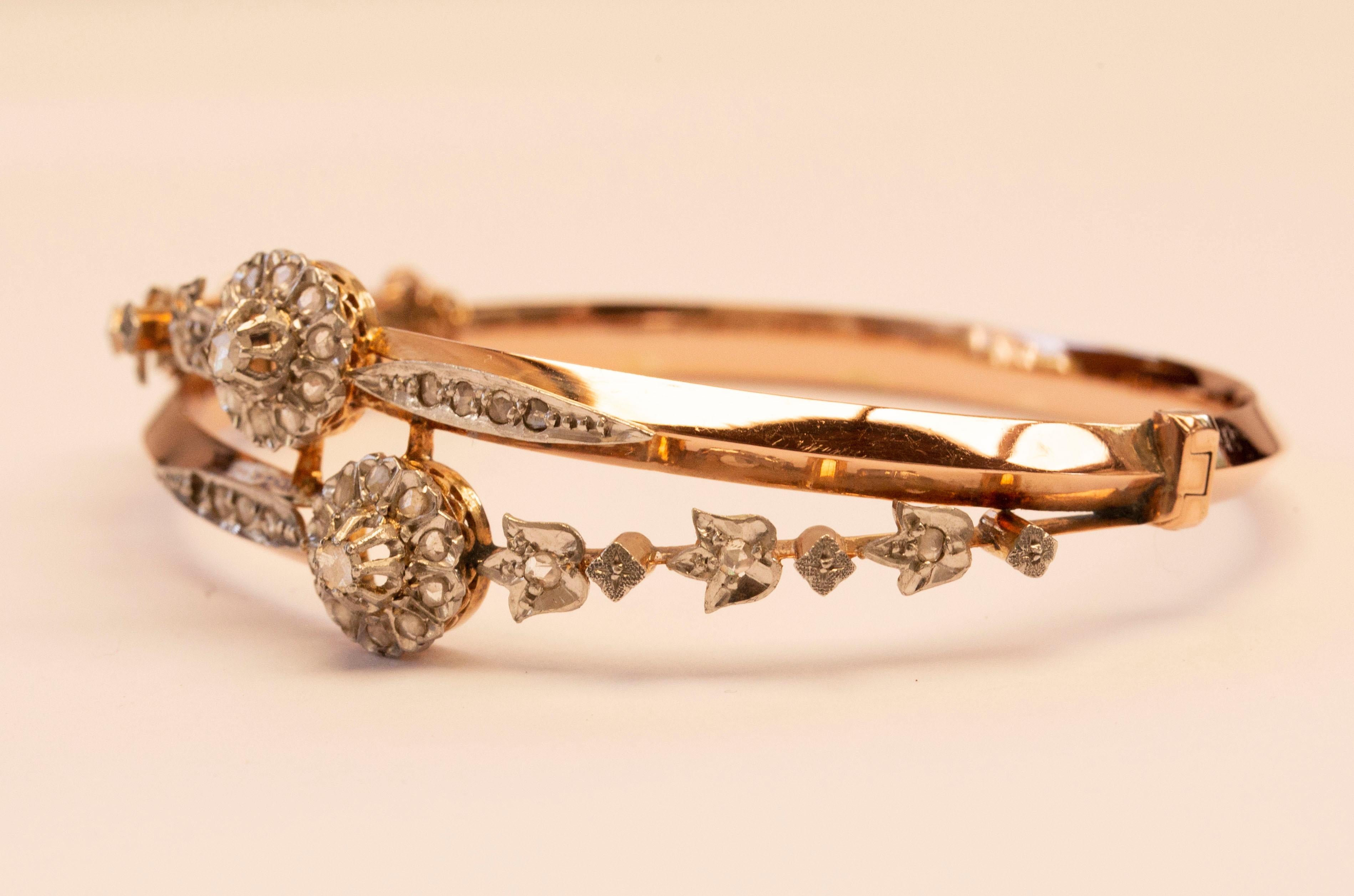 Édouardien Bracelet jonc rigide en or 18 carats avec 36 diamants taille rose sertis en platine en vente