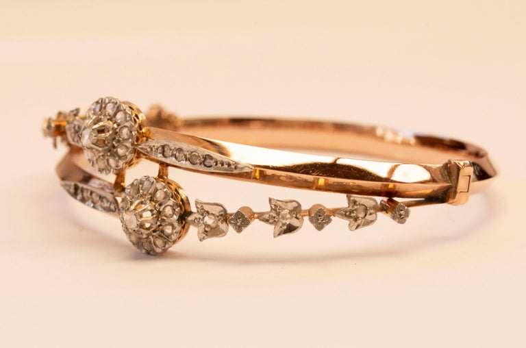 18 Karat Gold Bangle Rigid Bracelet With 36 Rose Cut Diamonds Set in Platinum For Sale at 1stDibs