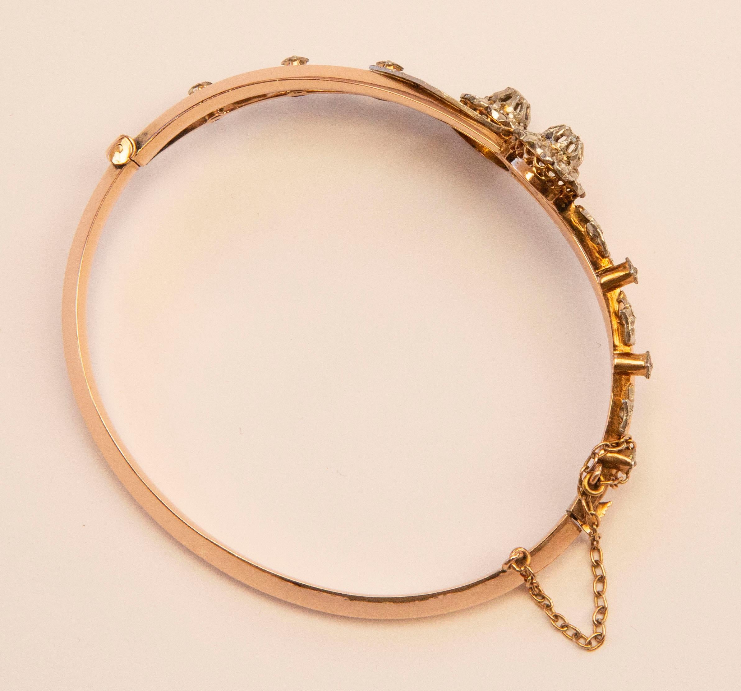 Old European Cut 18 Karat Gold Bangle Rigid Bracelet With 36 Rose Cut Diamonds Set in Platinum For Sale