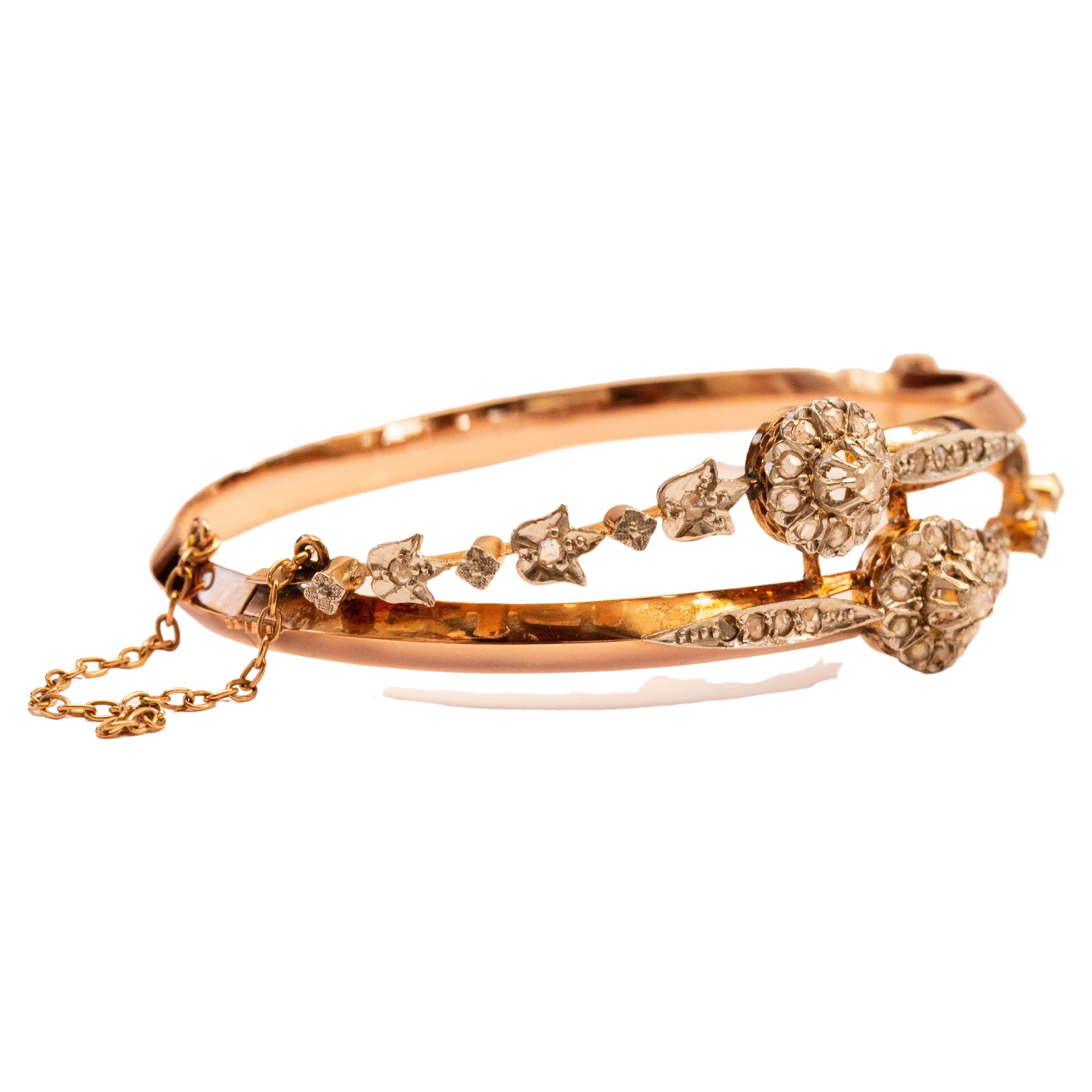 18 Karat Gold Bangle Rigid Bracelet With 36 Rose Cut Diamonds Set in Platinum For Sale