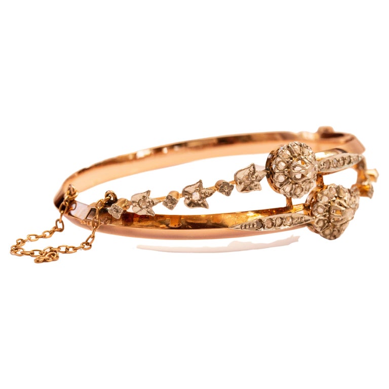 18 Karat Gold Bangle Rigid Bracelet With 36 Rose Cut Diamonds Set in ...