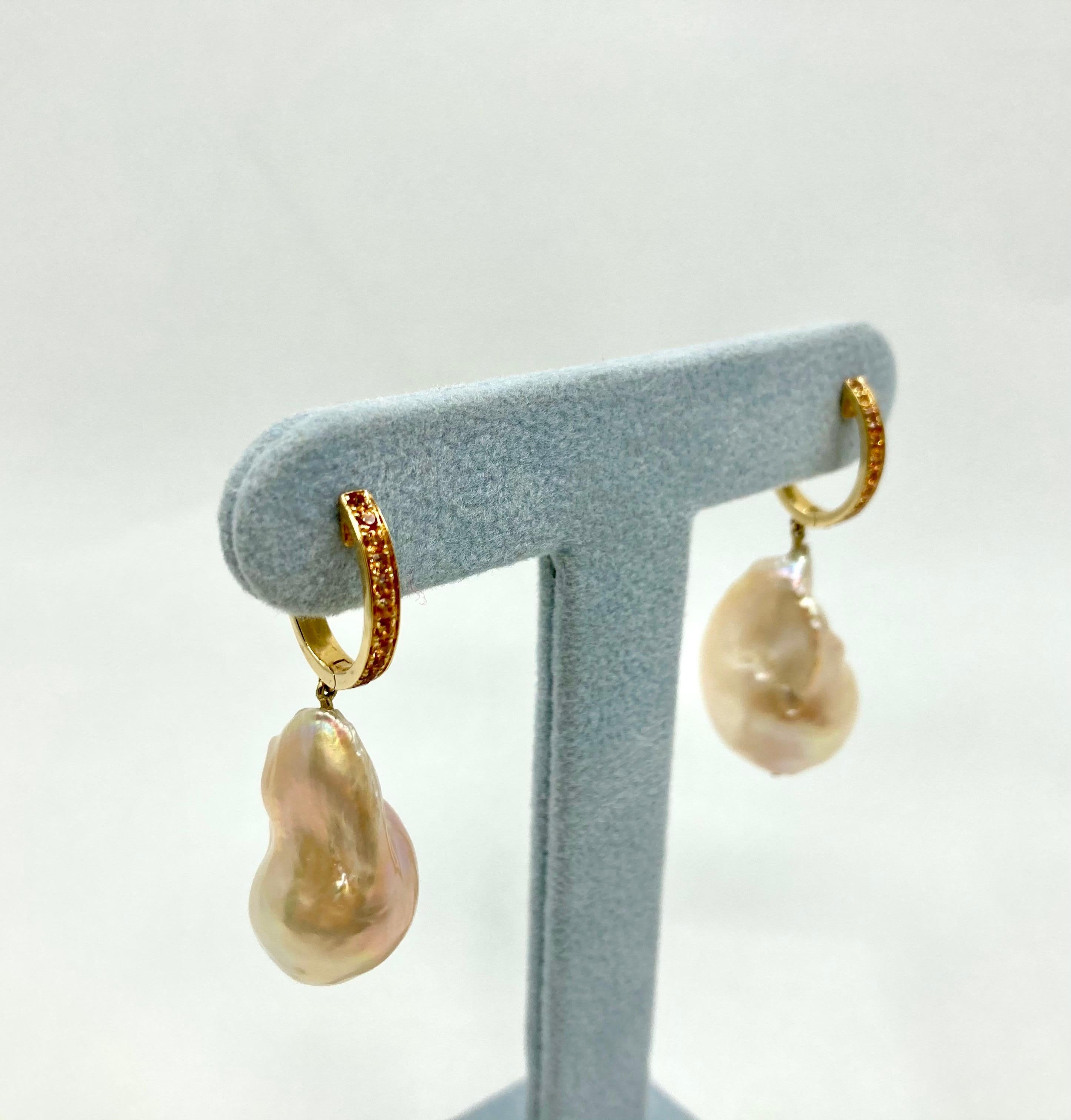 Modern 18 Karat Gold Baroque Pearls and Sapphires Earrings For Sale