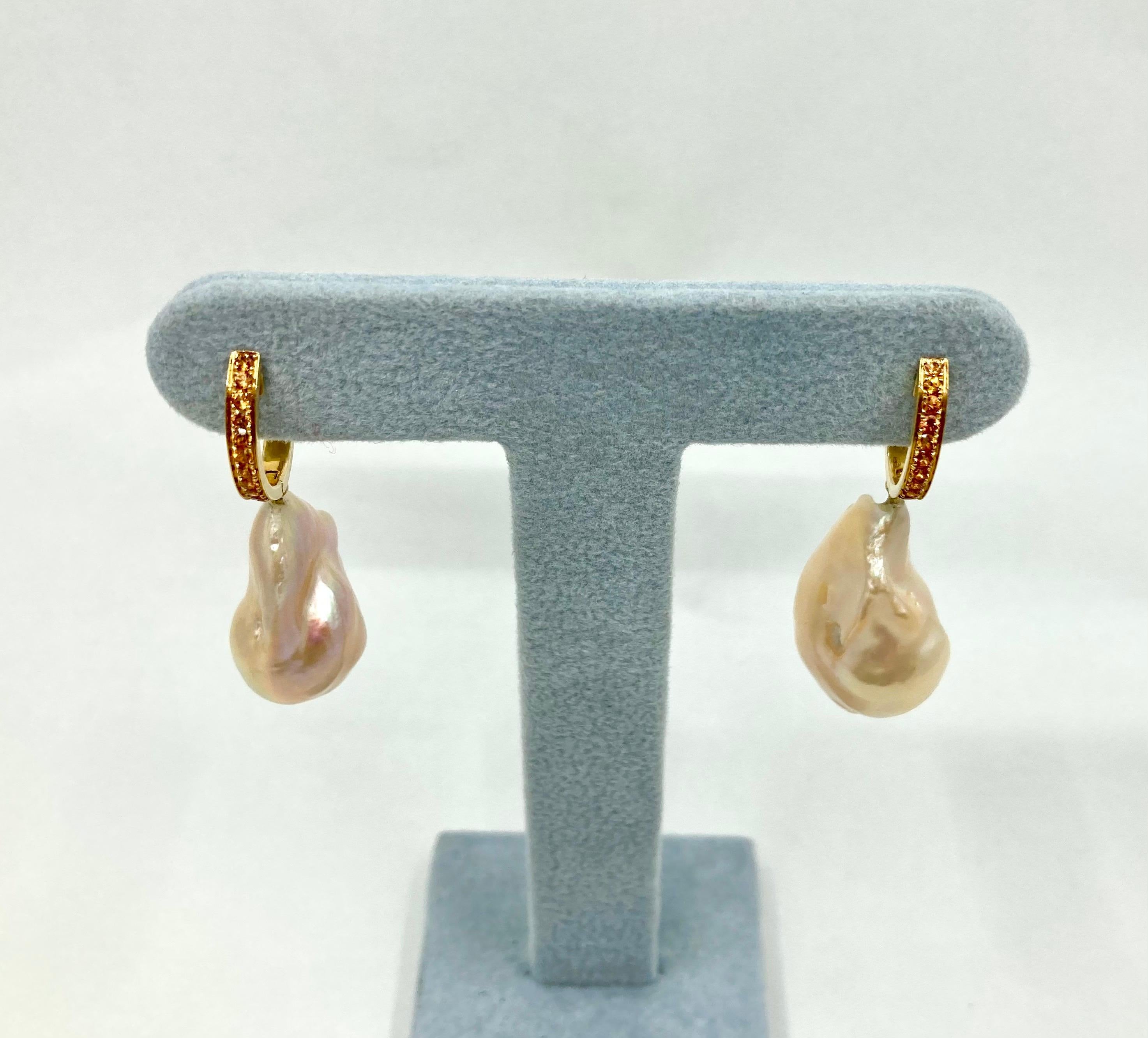 Brilliant Cut 18 Karat Gold Baroque Pearls and Sapphires Earrings For Sale