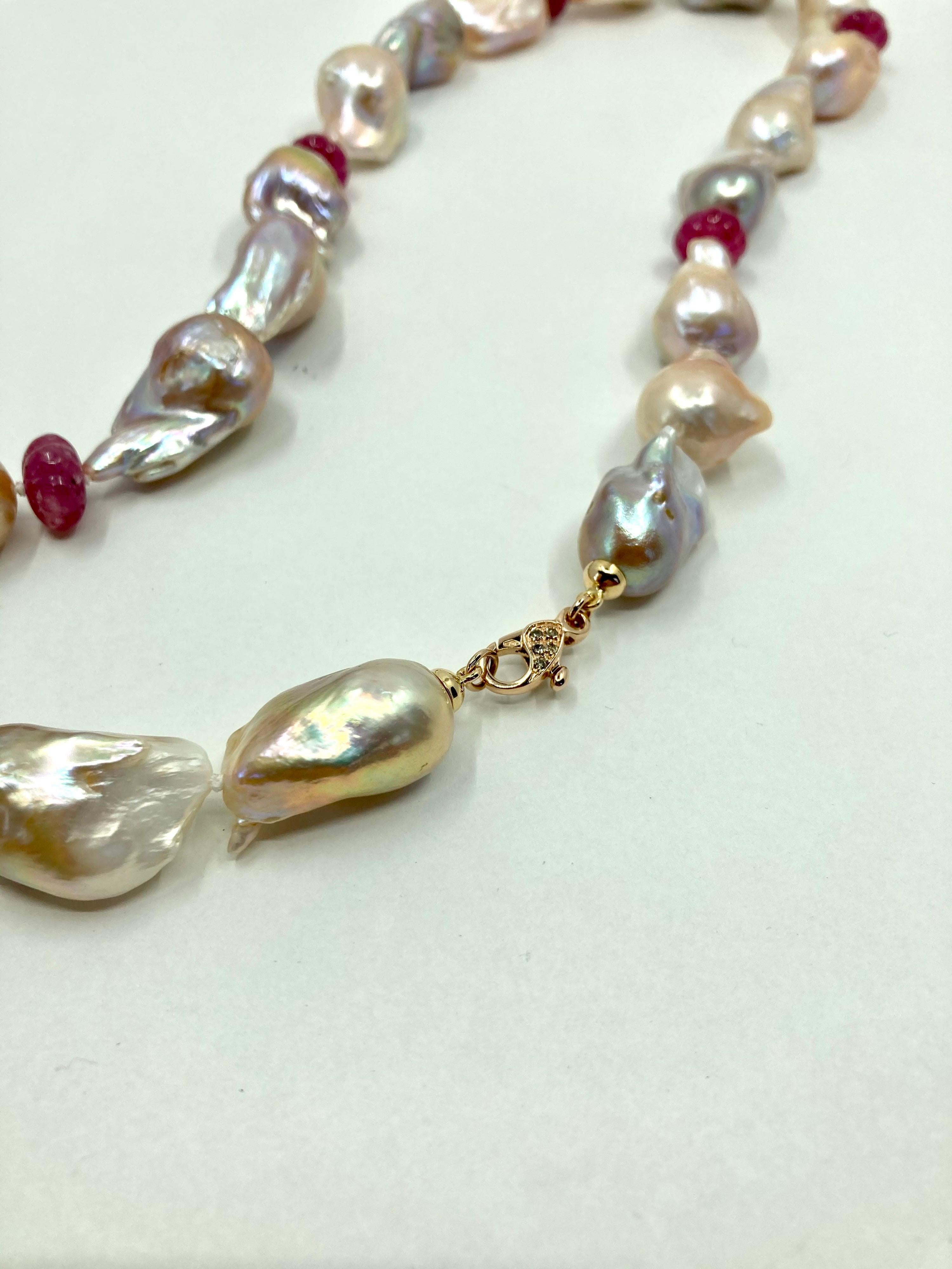 Brilliant Cut 18 Karat Gold Baroque Pearls, Rubies and Brown Diamonds Necklace For Sale