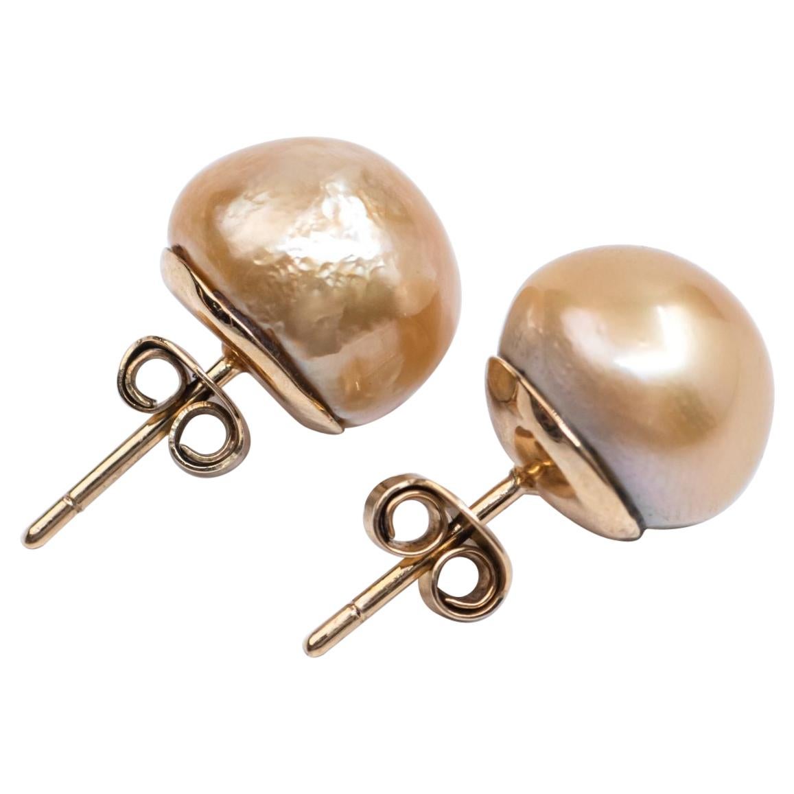 18 Karat Gold Baroque South Sea Pearl Stud Earrings For Sale