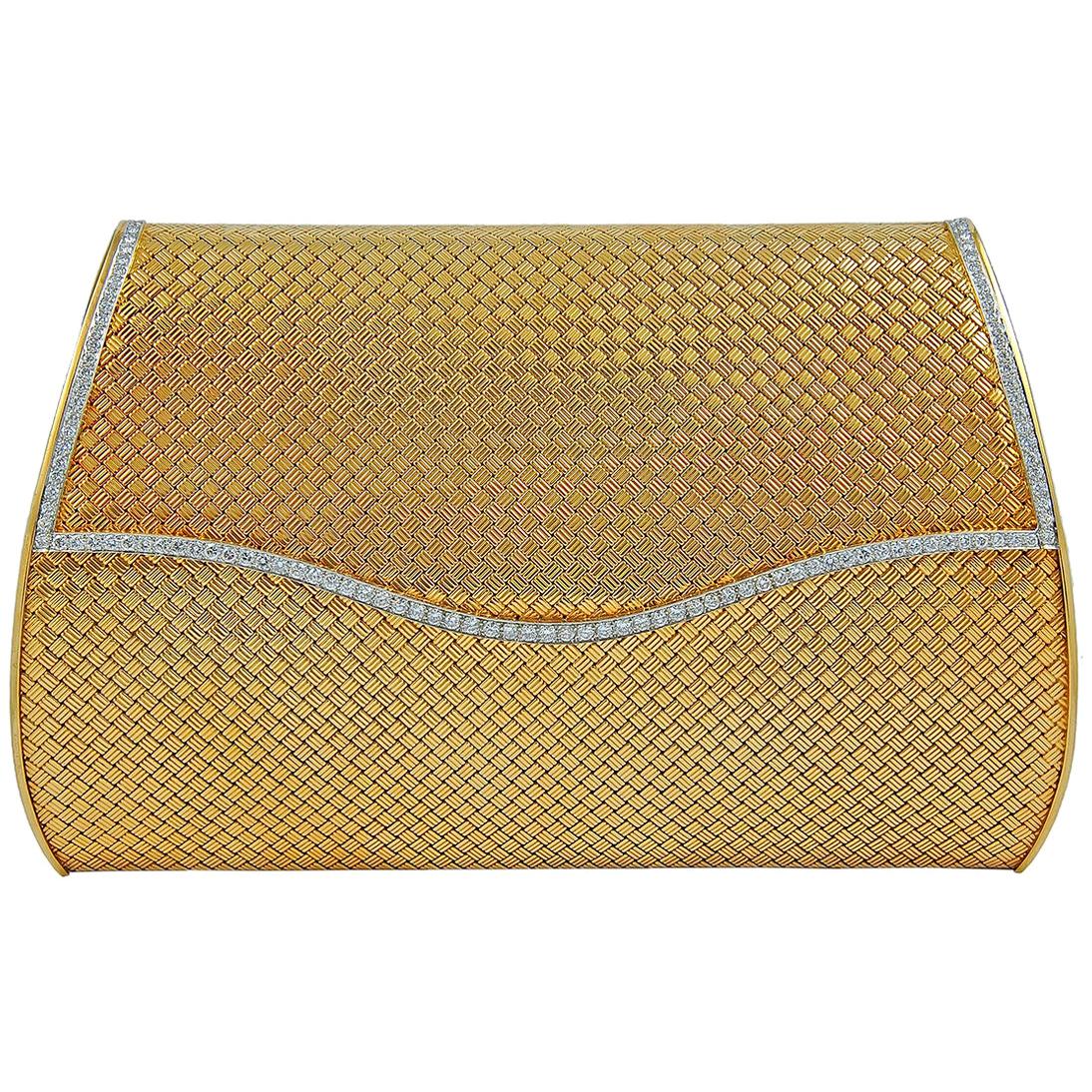 18 Karat Gold Basket Weave Gold Diamond Evening Bag