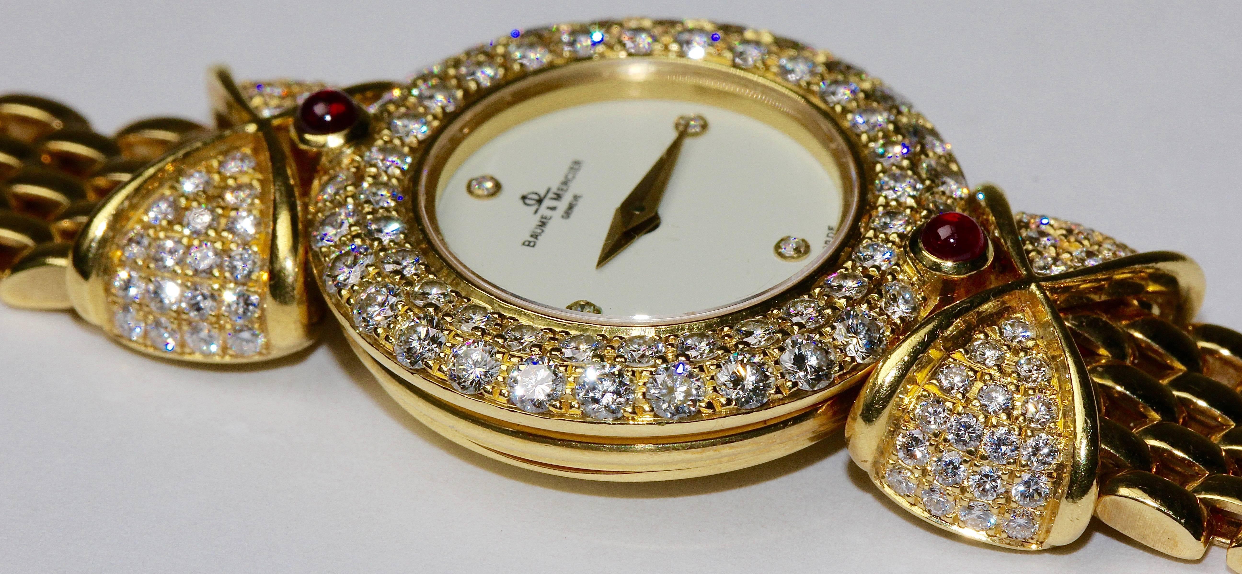 Women's 18 Karat Gold Baume & Mercier 'Loop Shape' Diamond Ladies Watch with Rubies