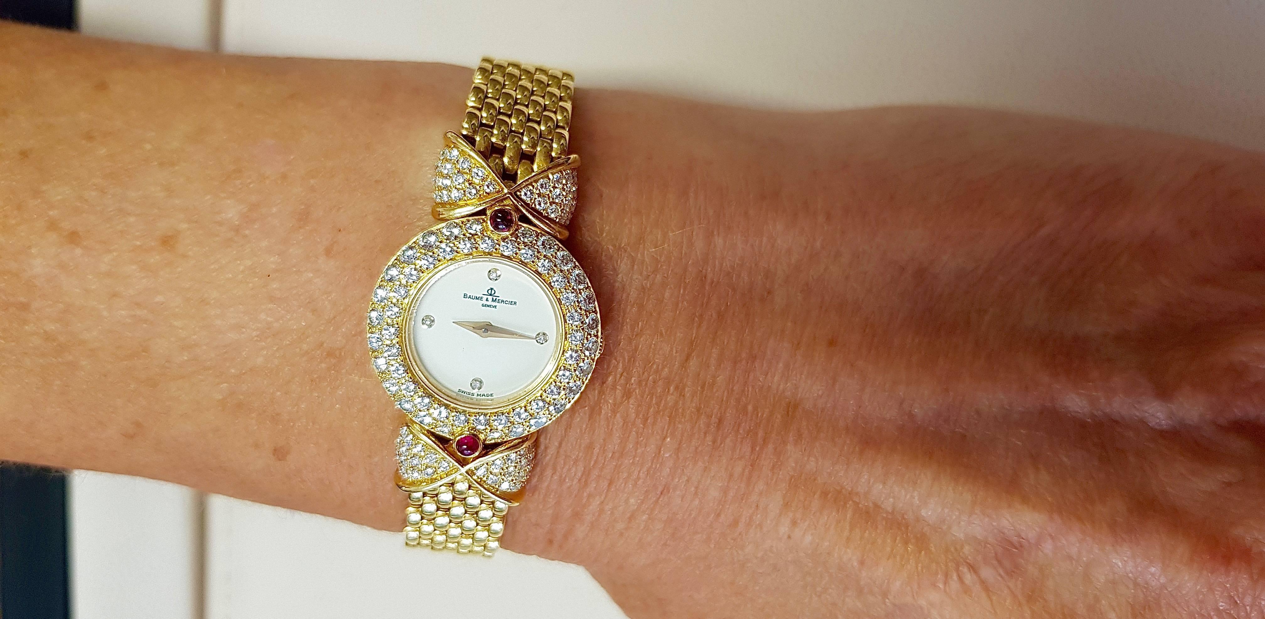 18 Karat Gold Baume & Mercier 'Loop Shape' Diamond Ladies Watch with Rubies For Sale 1