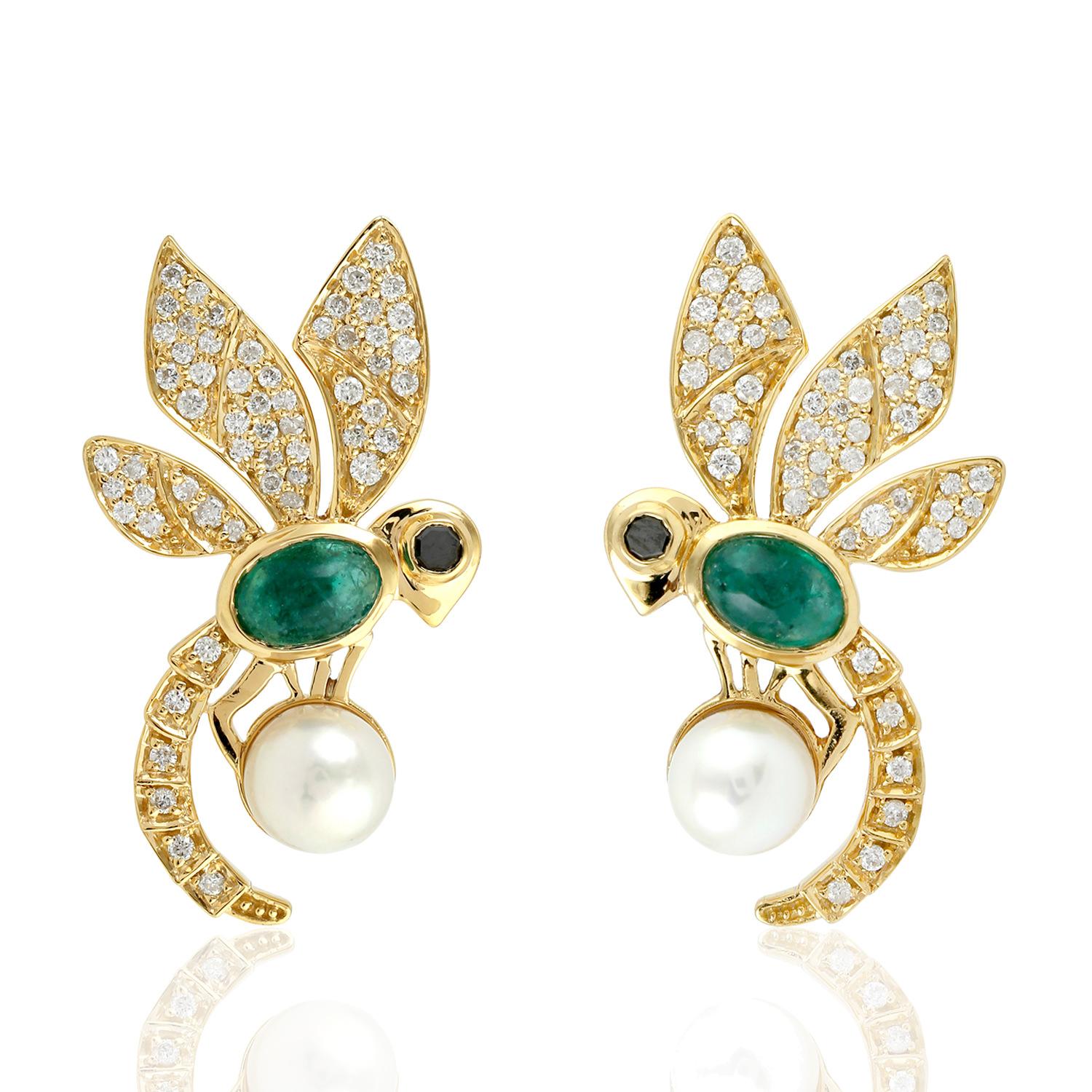 Cabochon 18 Karat Gold Bee Diamond Emerald Stud Earrings For Sale