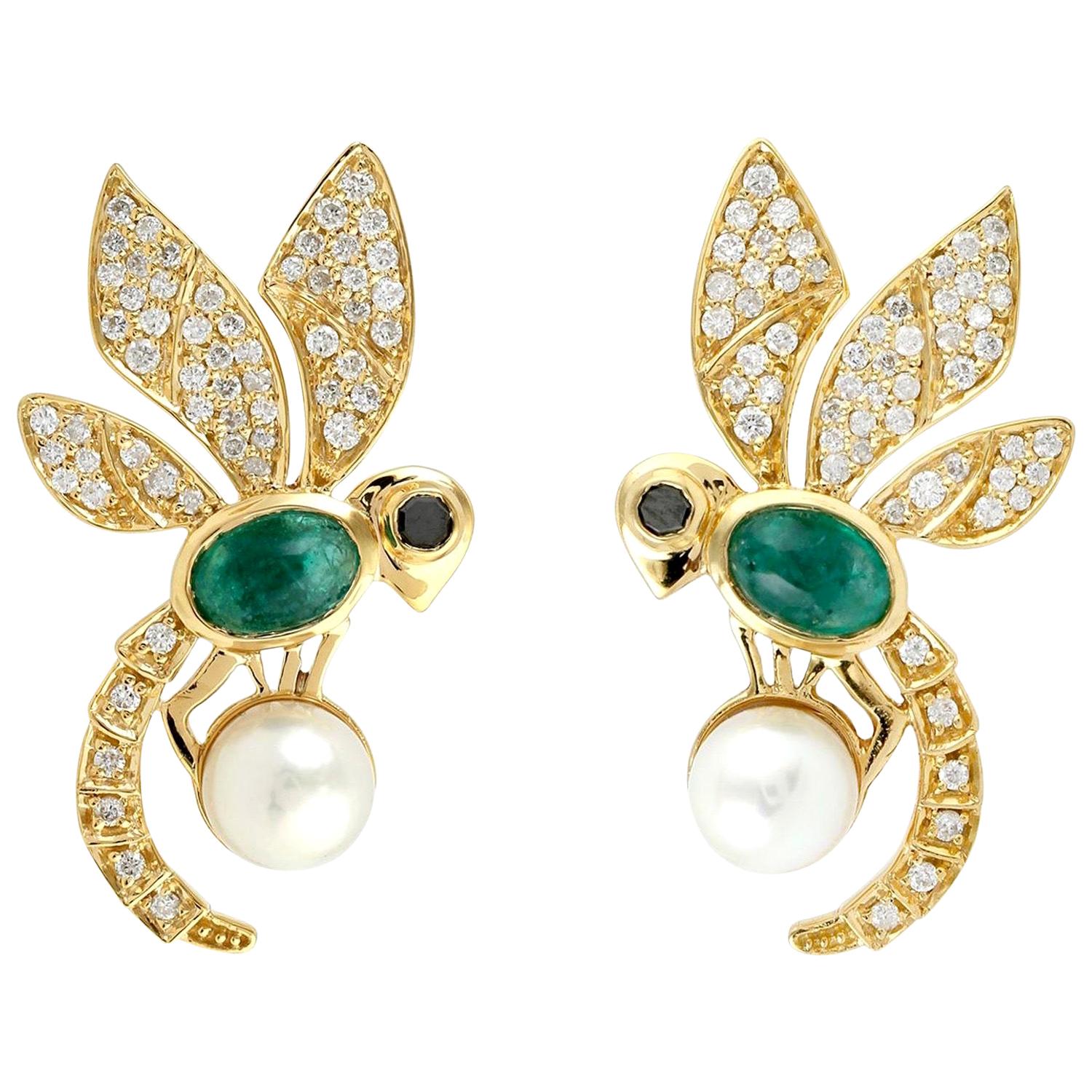 18 Karat Gold Bee Diamond Emerald Stud Earrings