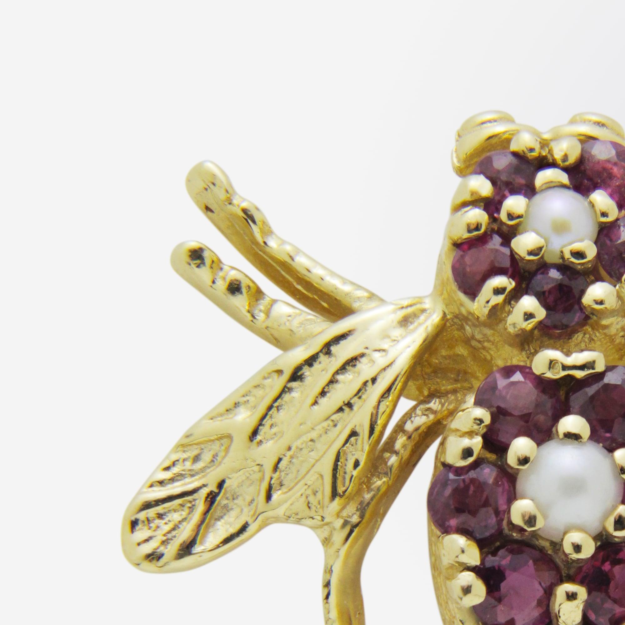 Modern 18 Karat Gold Bee Pin with Rubies and Pearls
