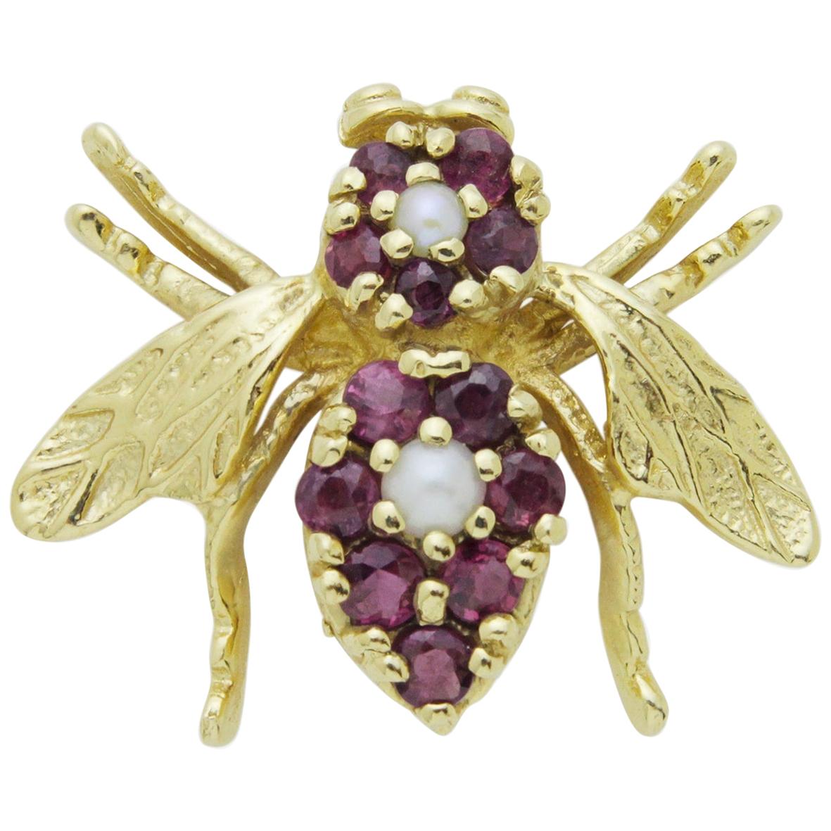 18 Karat Gold Bee Pin with Rubies and Pearls
