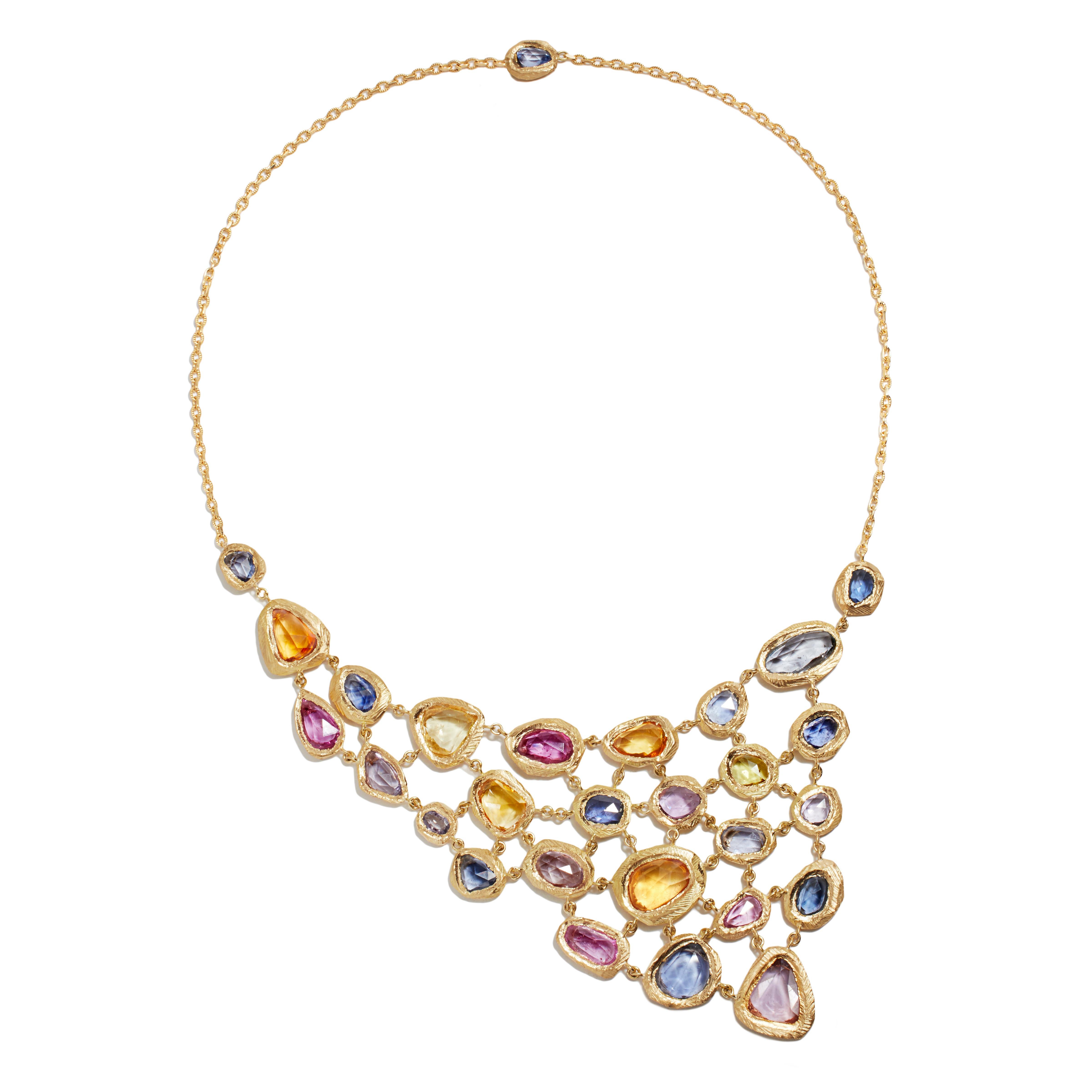 18 Karat Gold Bib Necklace with over 40 Carat of Blue and Multicolored Sapphires For Sale