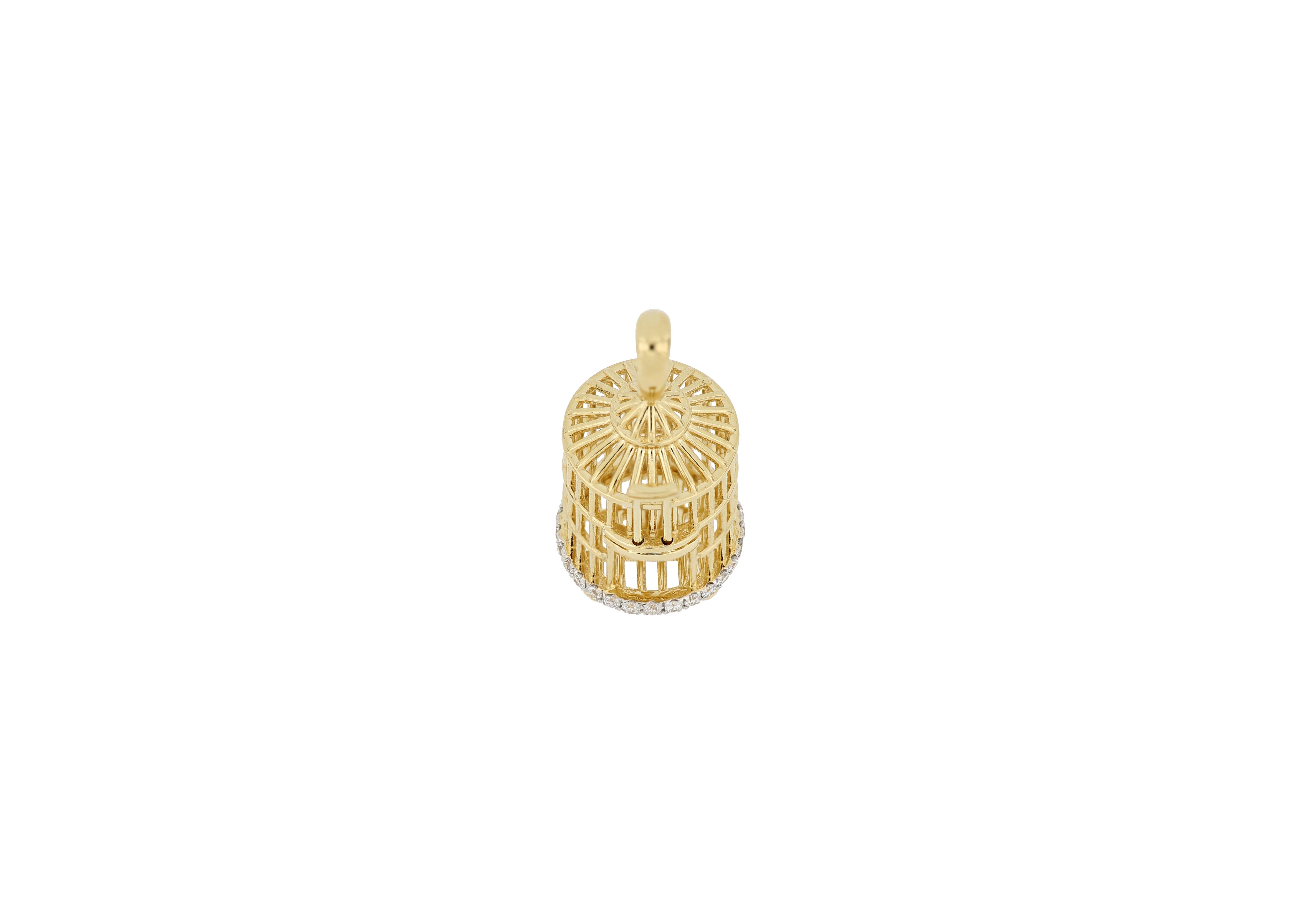 18 Karat Gold Bird Cage Diamond Pendant with Necklace For Sale 1