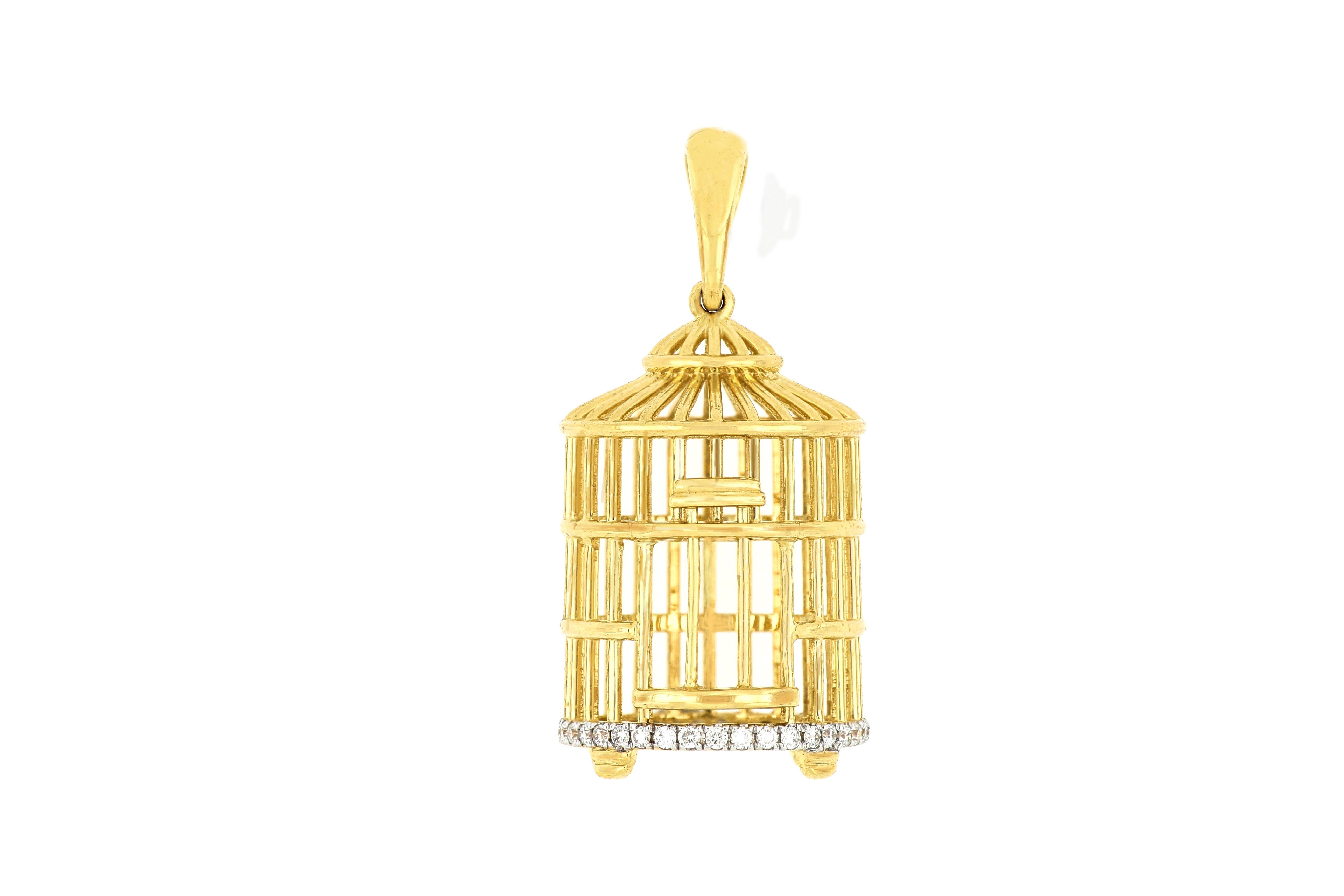 Contemporain Pendentif en forme de cage d'oiseau en or 18 carats et diamants avec collier en vente